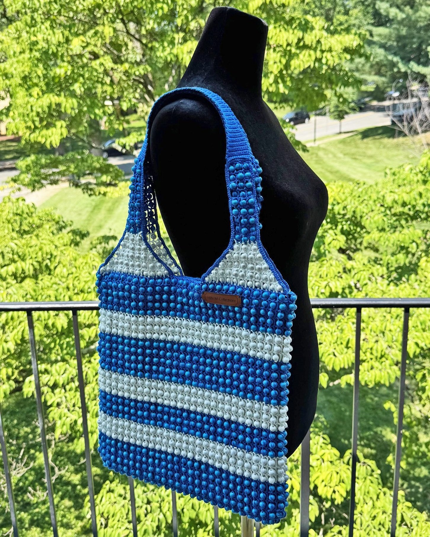Blue and White Beaded Crochet Bag by Mila M Collections