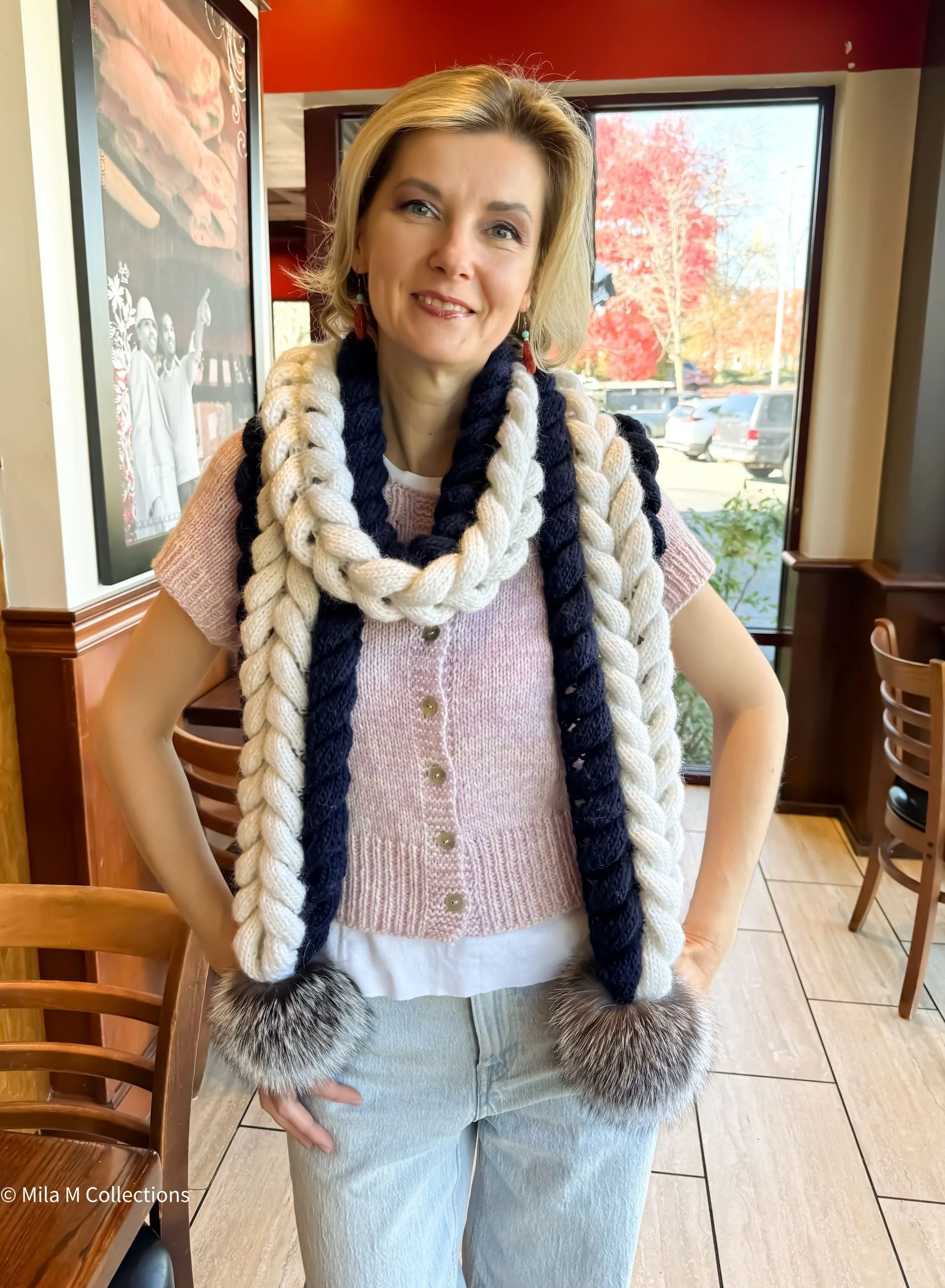 Navy and Cream Braided Scarf by Mila M Collections.jpg