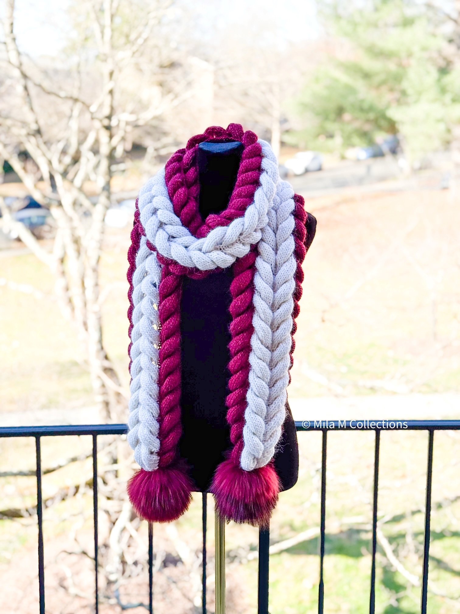 Burgundy and Cream Braids Knitted Scarf by Mila M Collections.jpg