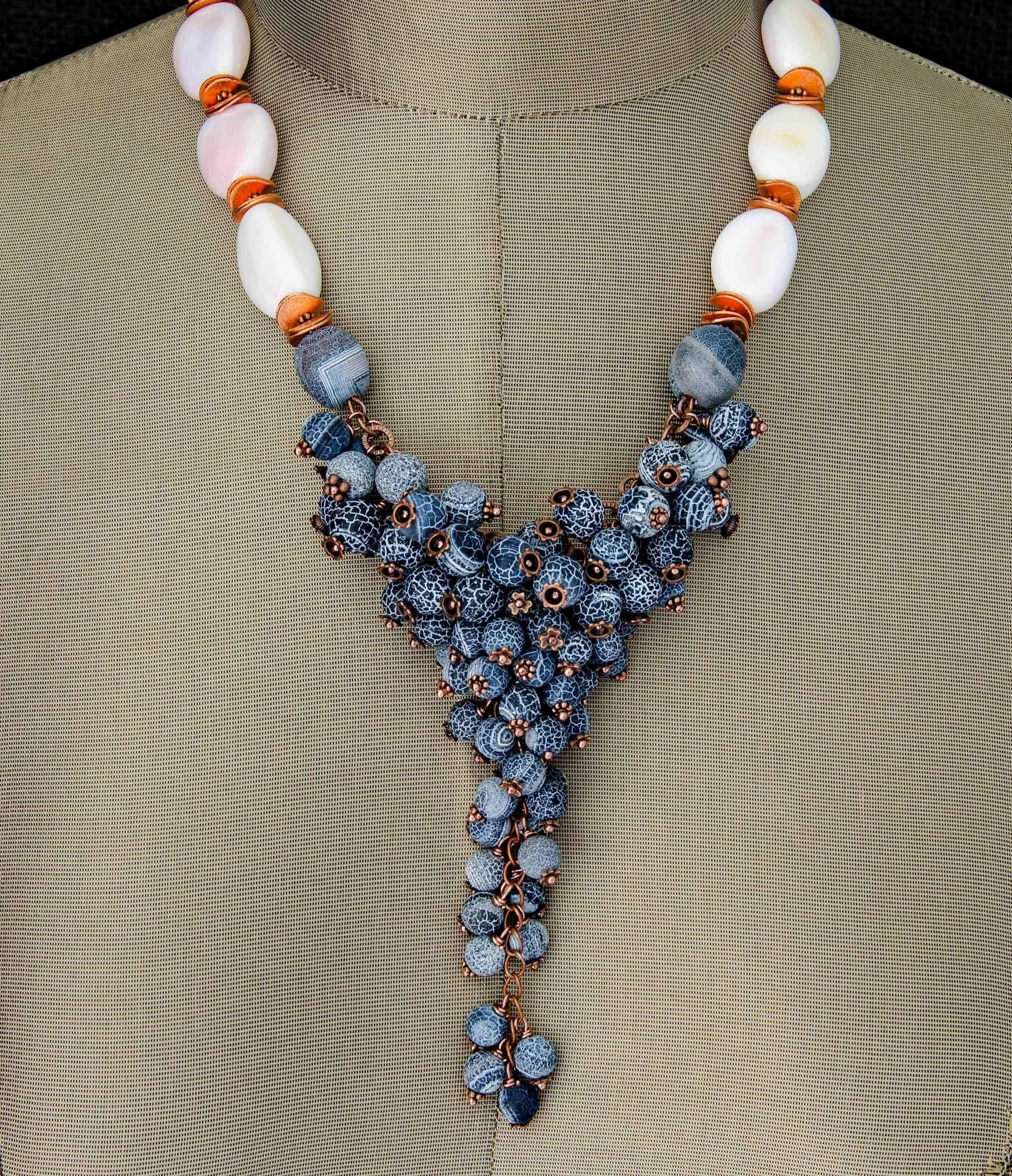 Cracked Agate and Pink Shell Cluster Necklace by Mila M Collections
