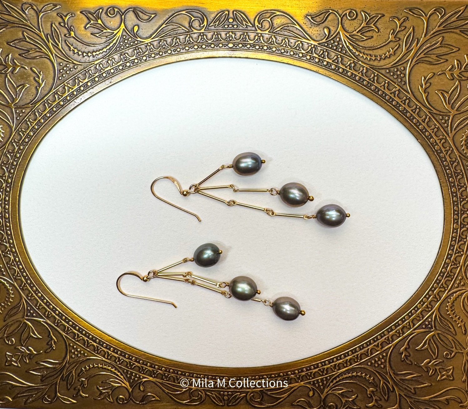 Gray Pearls on Golden Chain Earrings by Mila M Colections.JPEG
