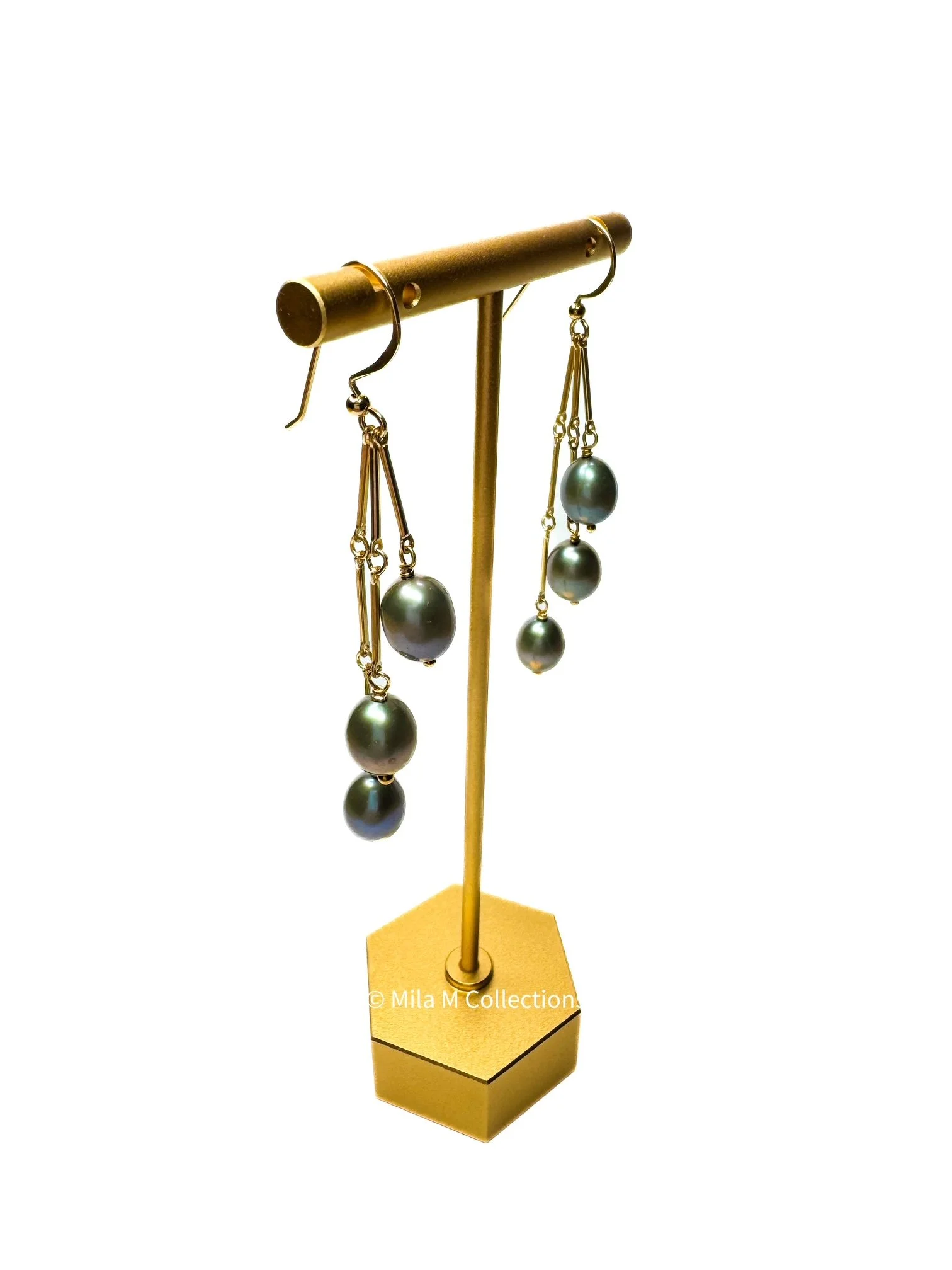 Gray Pearls on Golden Chain Earrings by Mila M Collections.JPEG