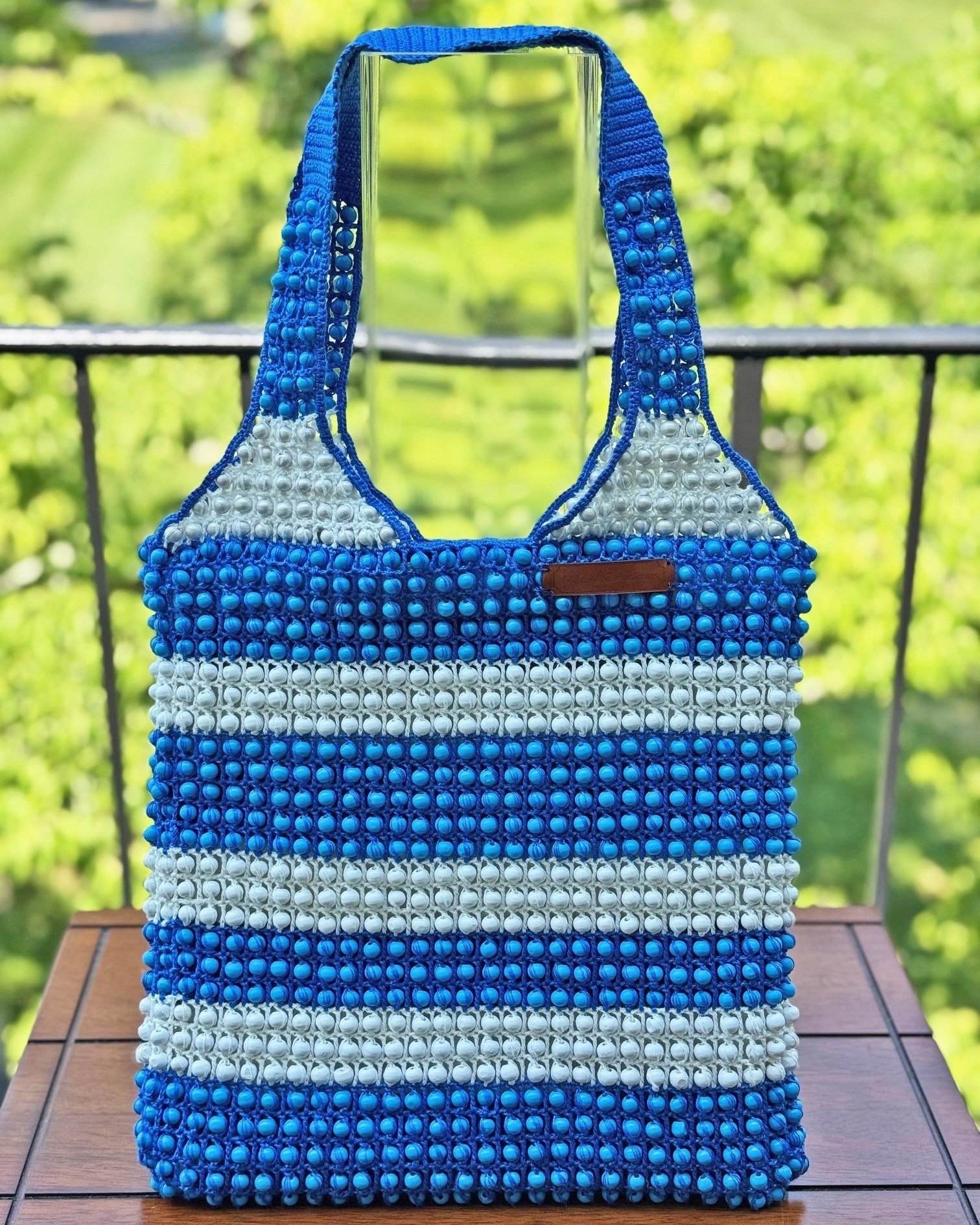 Blue and White Beaded Crochet Bag by Mila M Collections
