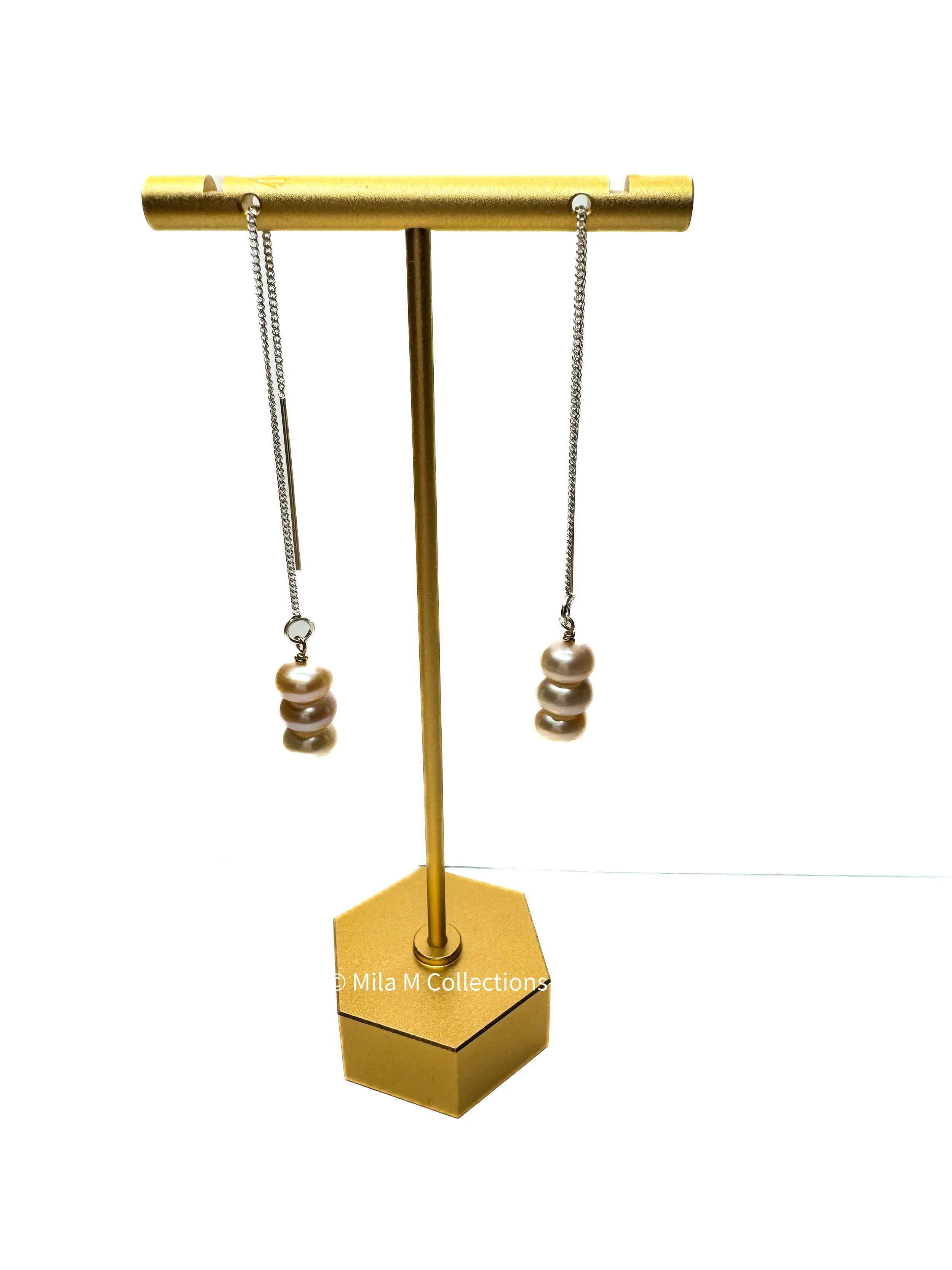 Silver Thread with Three Pearls Earrings by Mila M Collections.JPEG