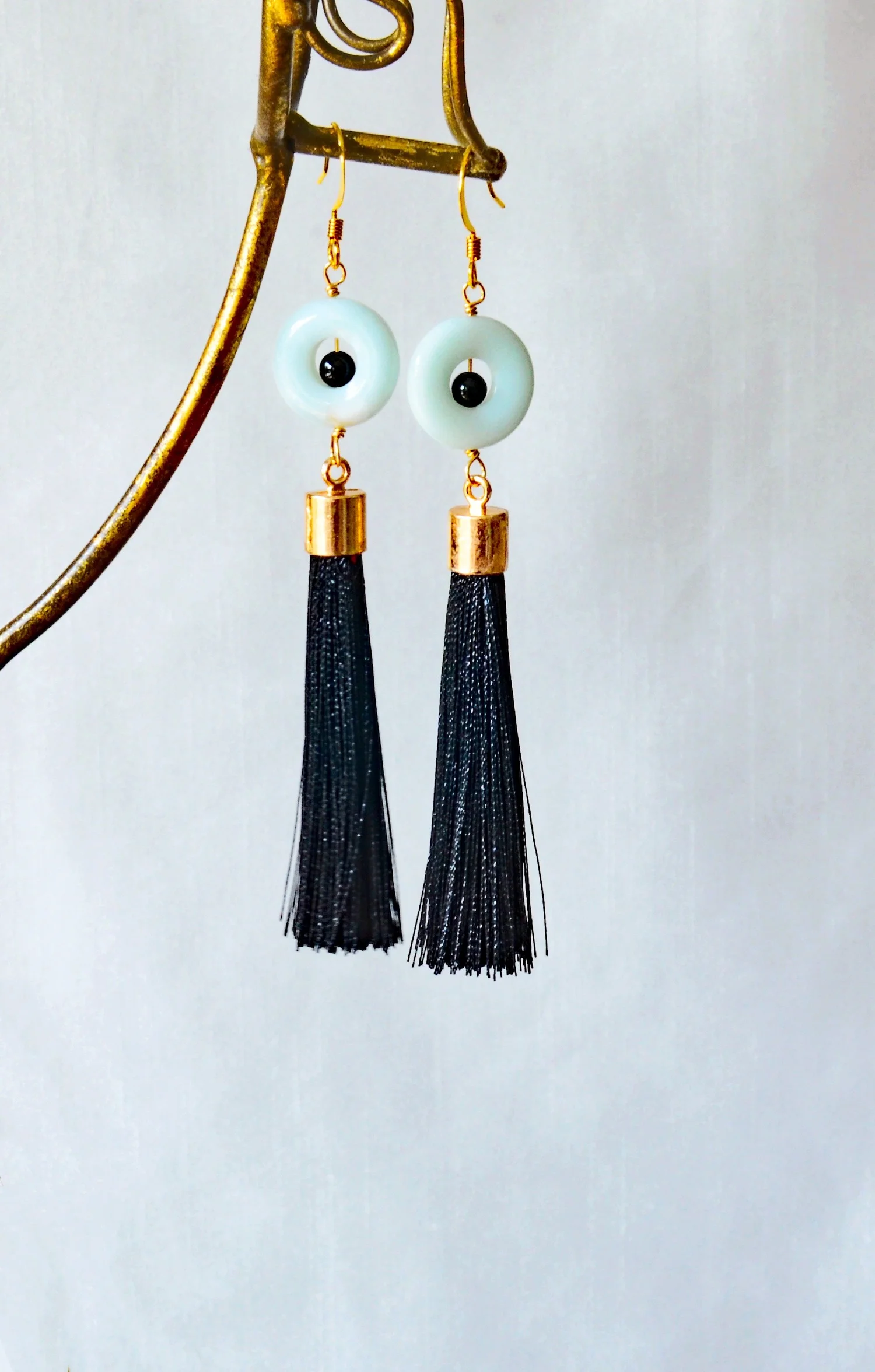 Amazonite and Black Tassel Earrings by Mila M Collections