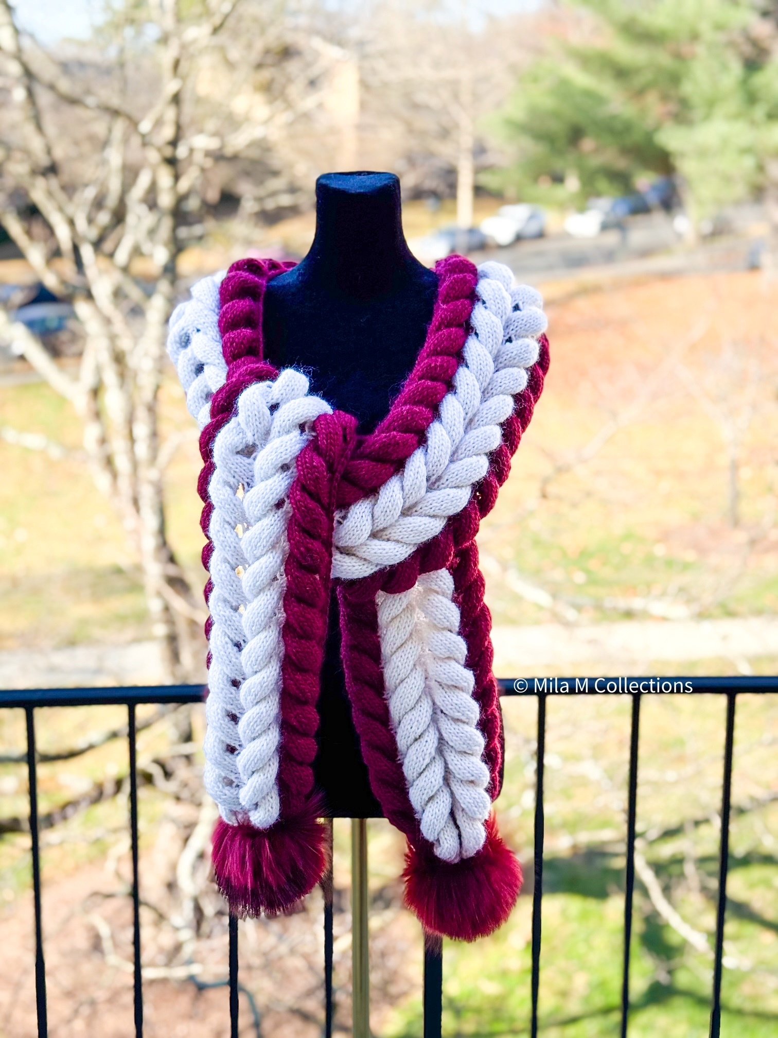 Burgundy and Cream Braids Knitted Scarf by Mila M Collections.jpg