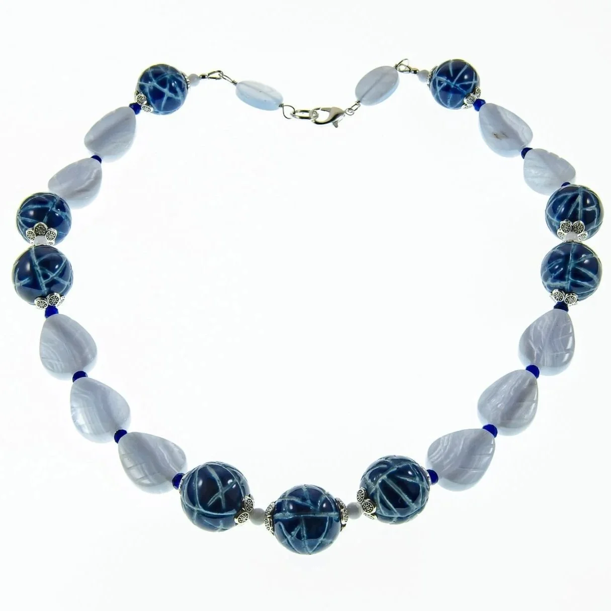 Blue Chalcedony and Ceramic Beads Necklace by Mila M Collections