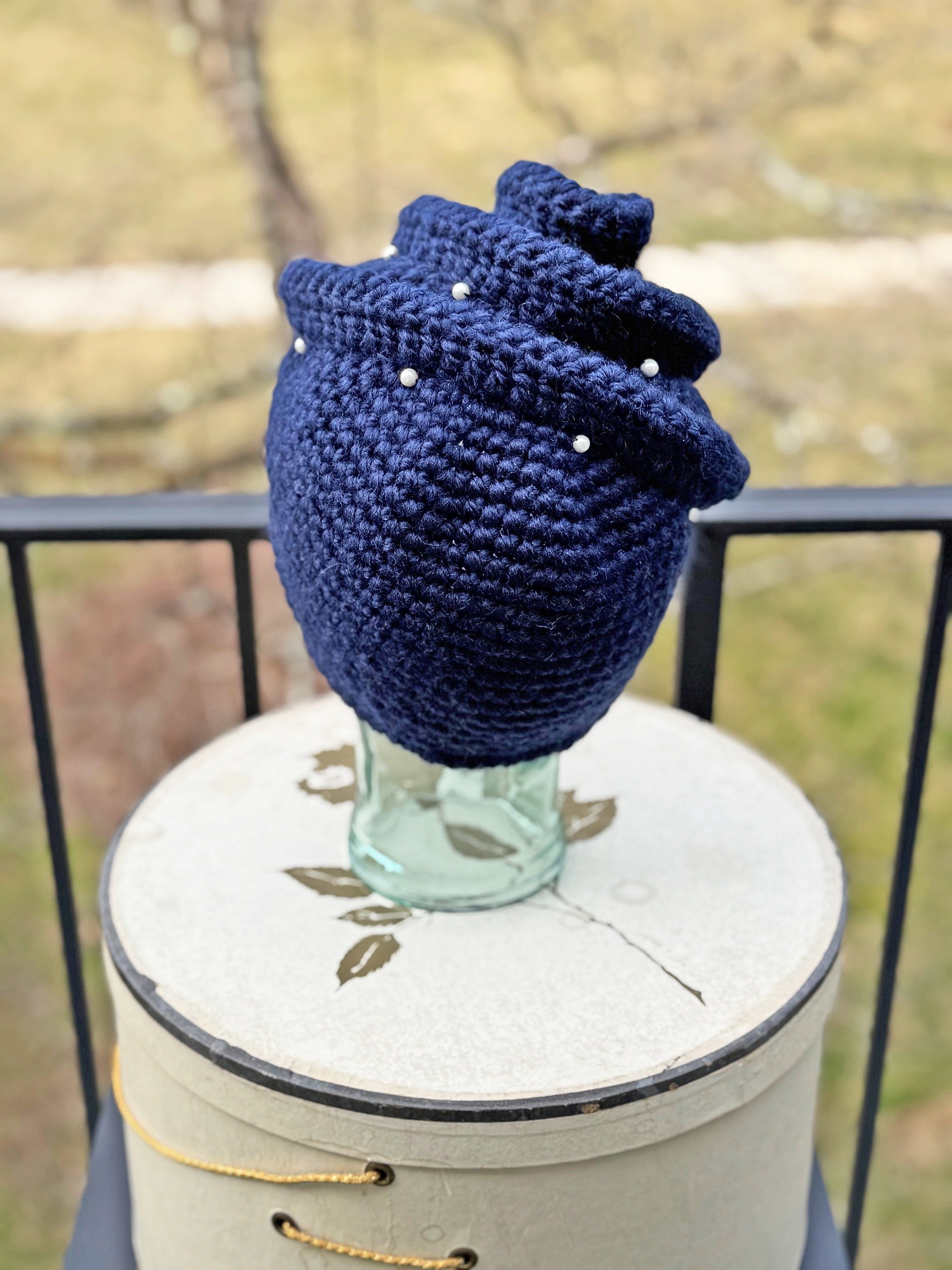 Crochet Blue Hat with Pearls by Mila M Collections