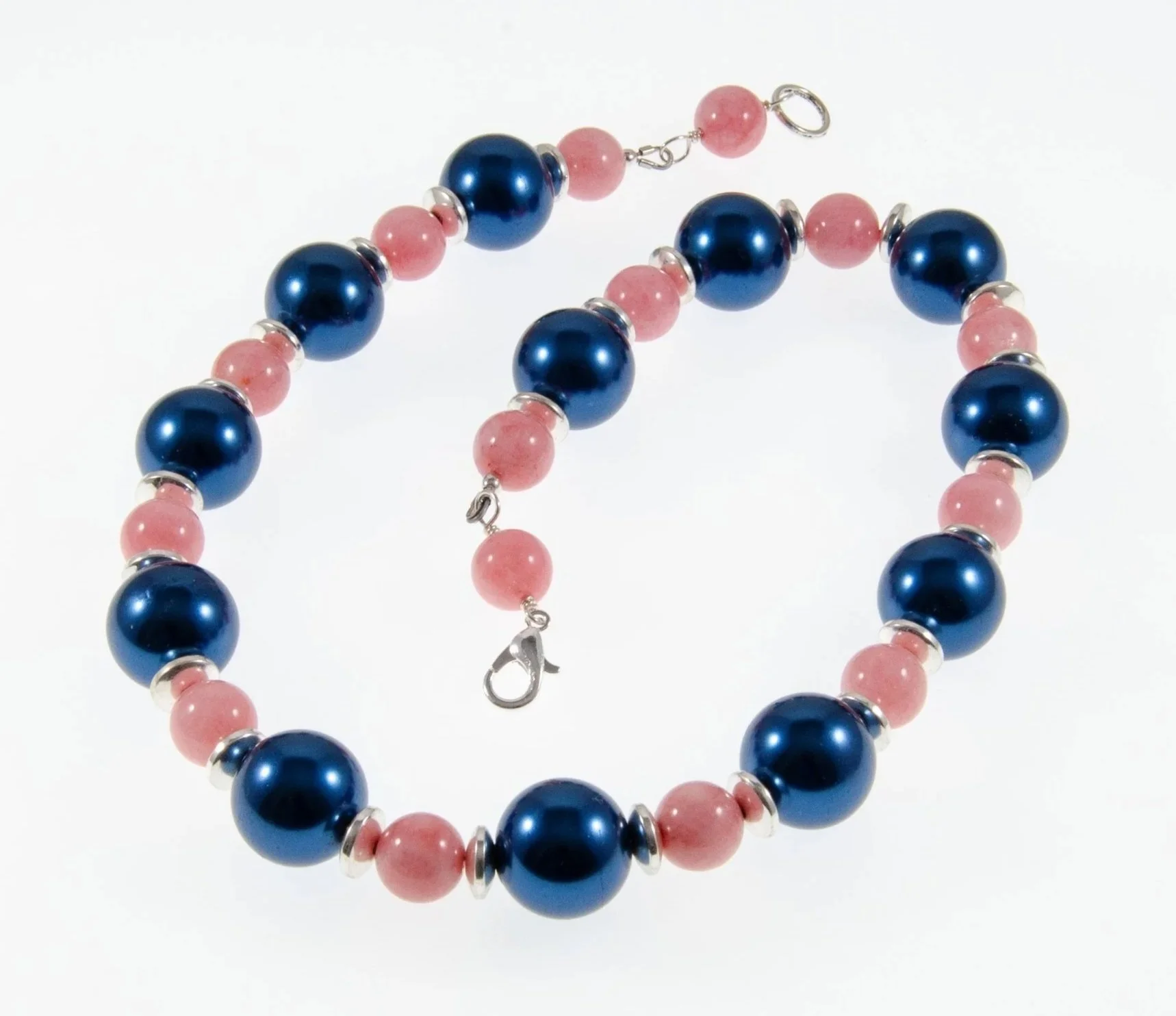 Blue Pearls and Pink Jade Necklace by Mila M Collections