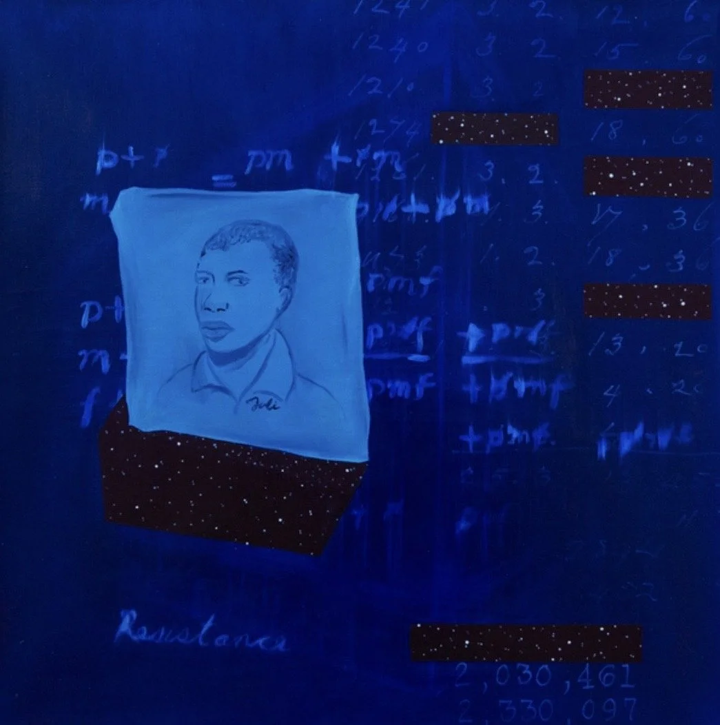 dear Fuli, writes their name out of the ledger, 2023, oil on canvas, 18 x 18 in.