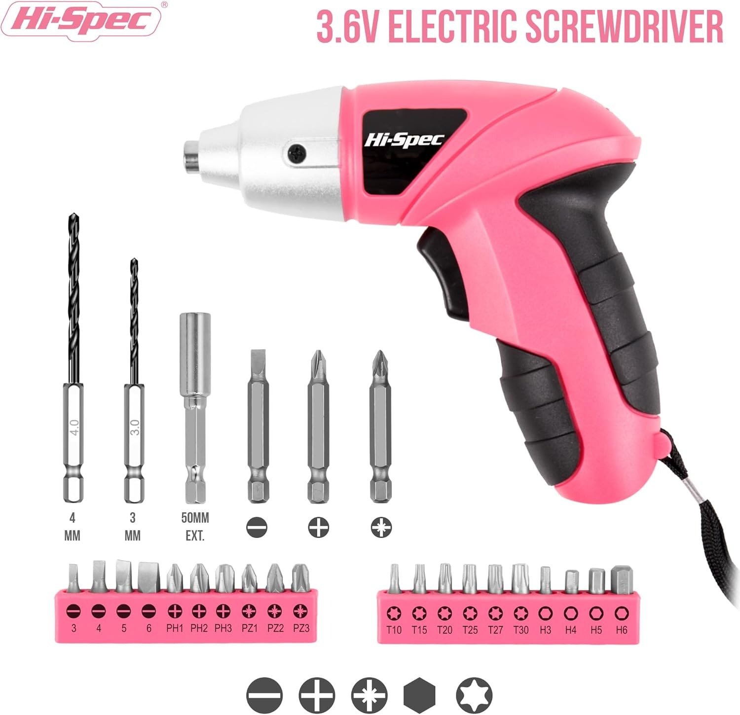 Hi-Spec Electric Screwdriver, 3.6V Cordless Screwdriver USB Rechargeable with Driver Bit Set, Pink Tool Set for Women,27-Piece