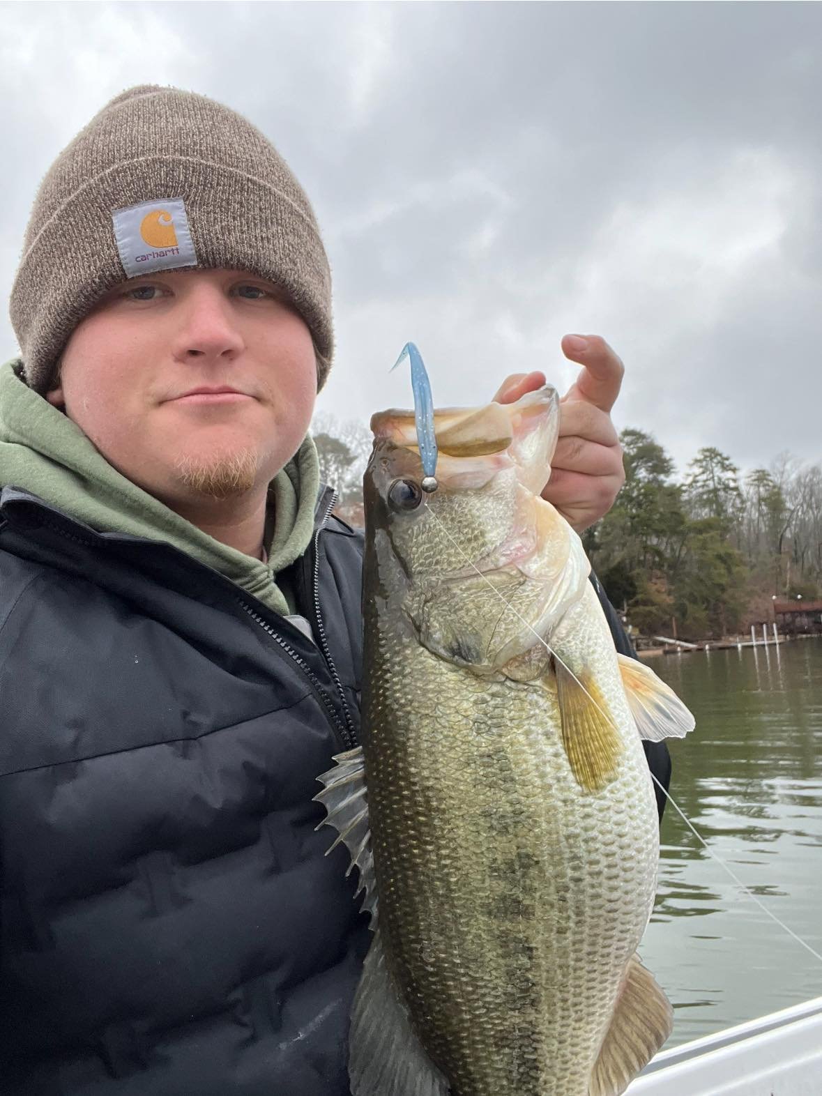 Person holding a large fish on a boat near a lake.