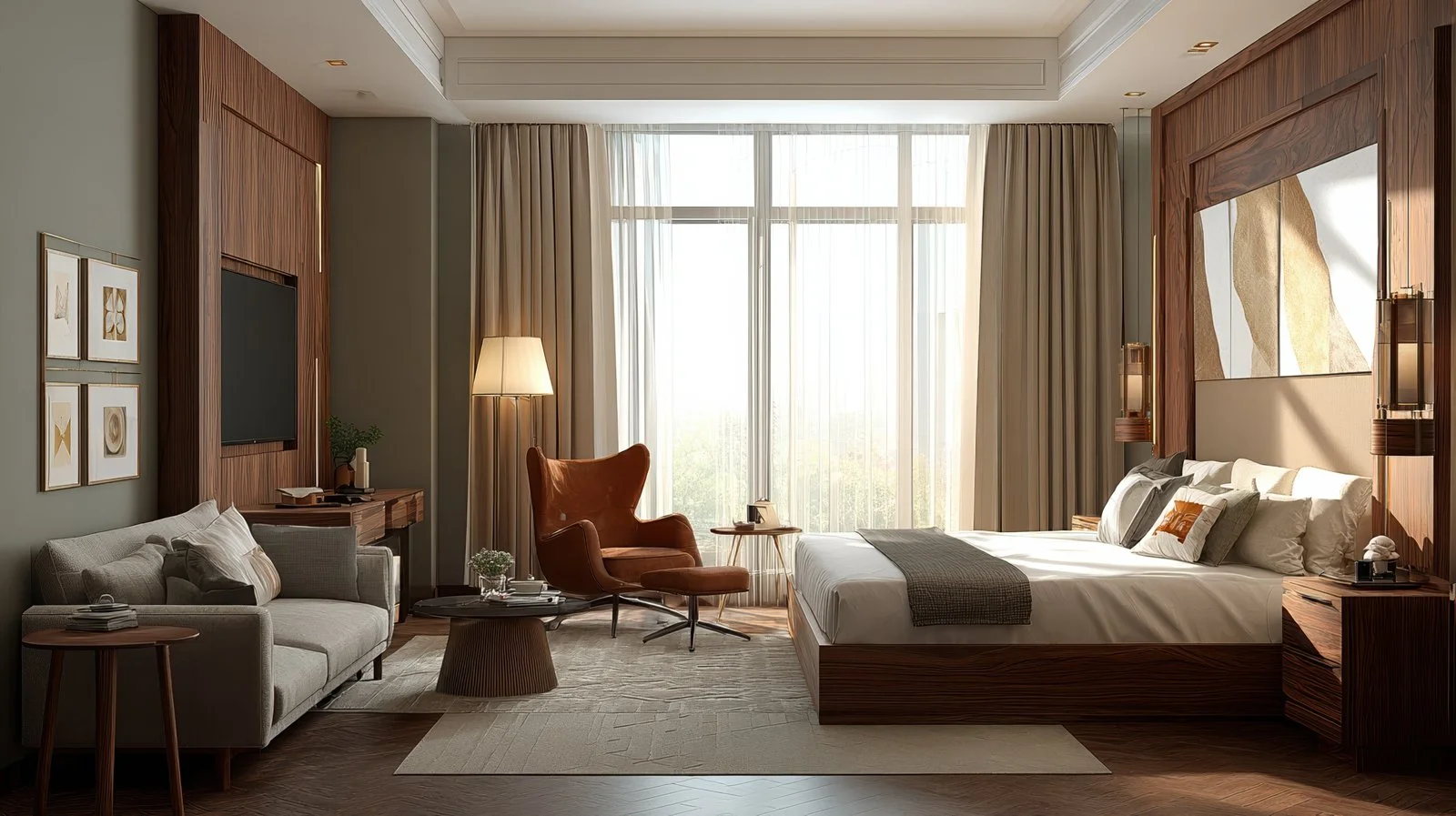 Modern hotel guest room with king bed, sofa seating, leather lounge chair, wood paneling, and floor-to-ceiling windows, FF&E