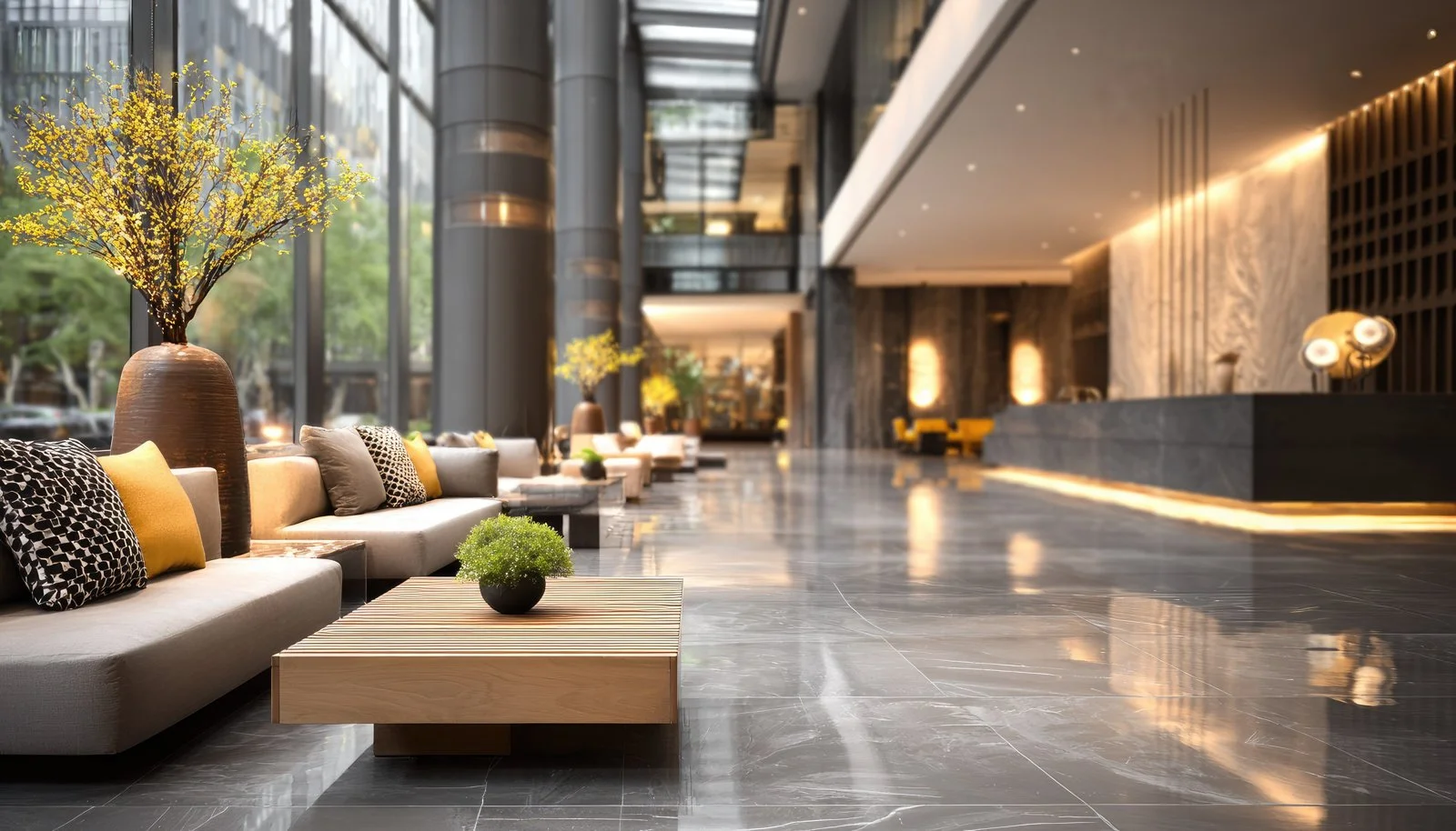Contemporary luxury hotel lobby with lounge seating, marble floor, glass exterior wall, and reception desk, upscale hospitality interior