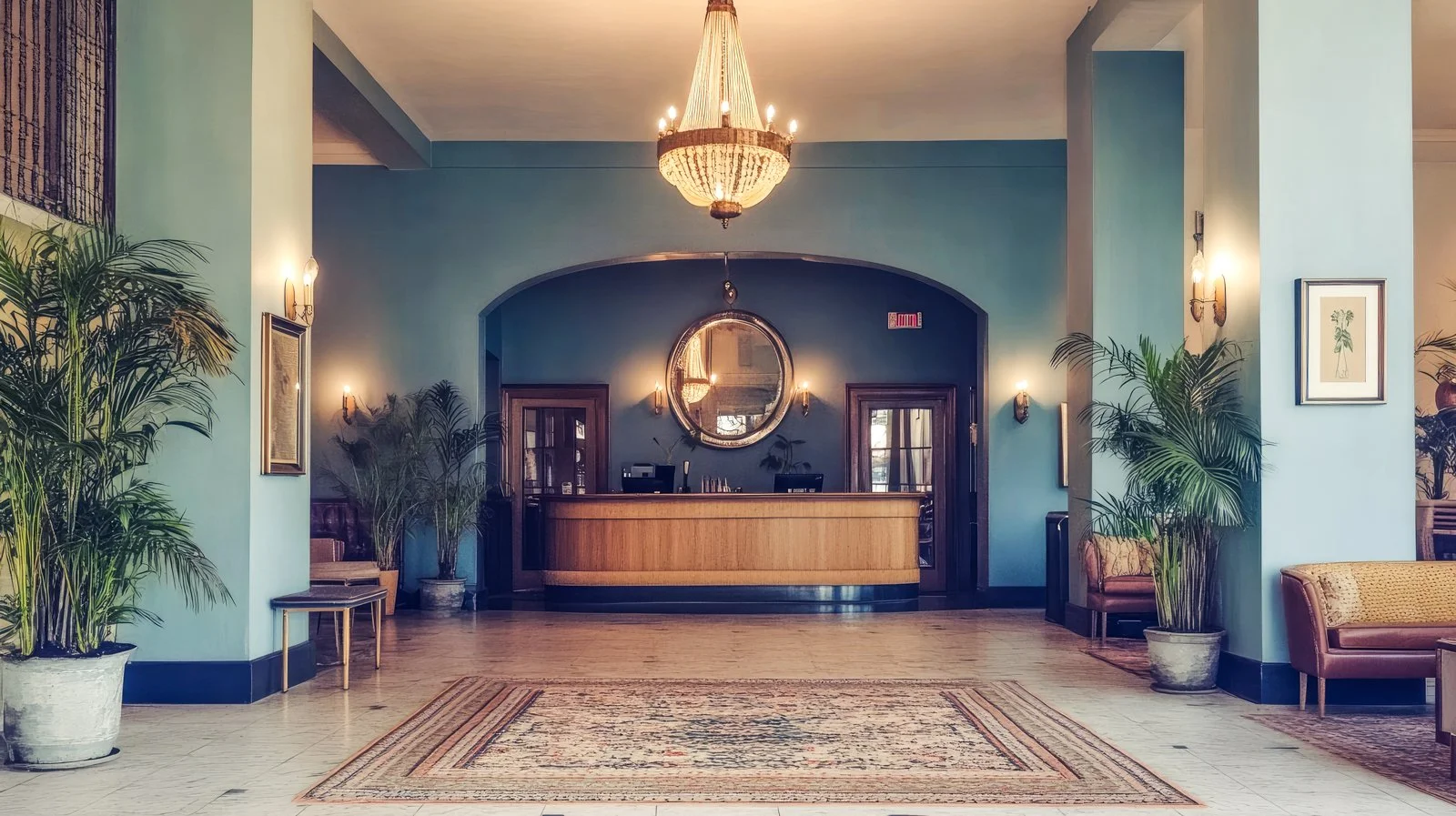Hotel reception lobby with teal walls, chandelier, front desk, and large potted palms, classic hospitality lobby design