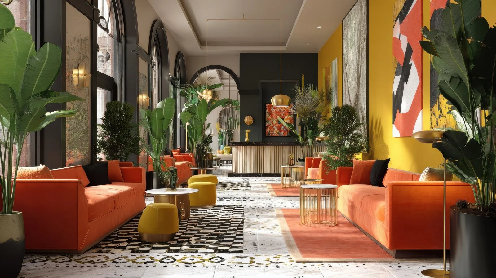 Colorful boutique hotel lobby lounge with orange sofas, yellow accent wall, indoor plants, and modern bar, hospitality FF&E design