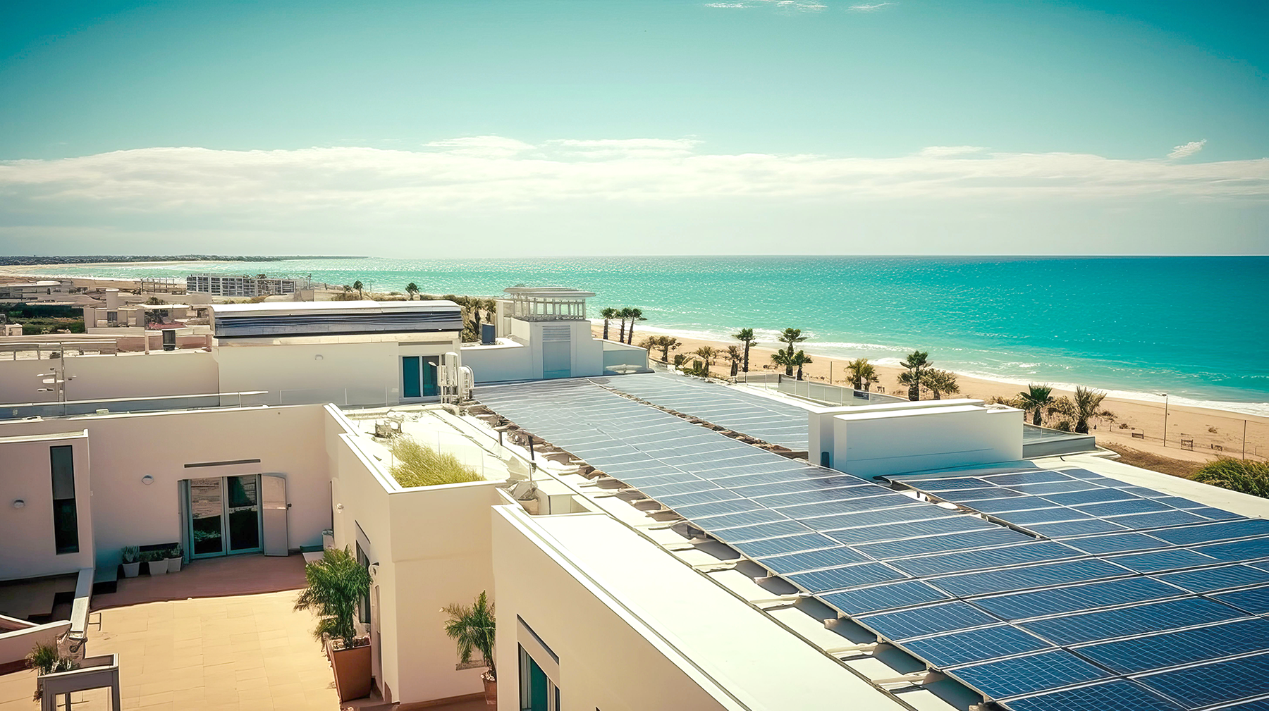 Wide view of coastal resort rooftops with solar panels, palm-lined beach, and bright blue sea under clear sky