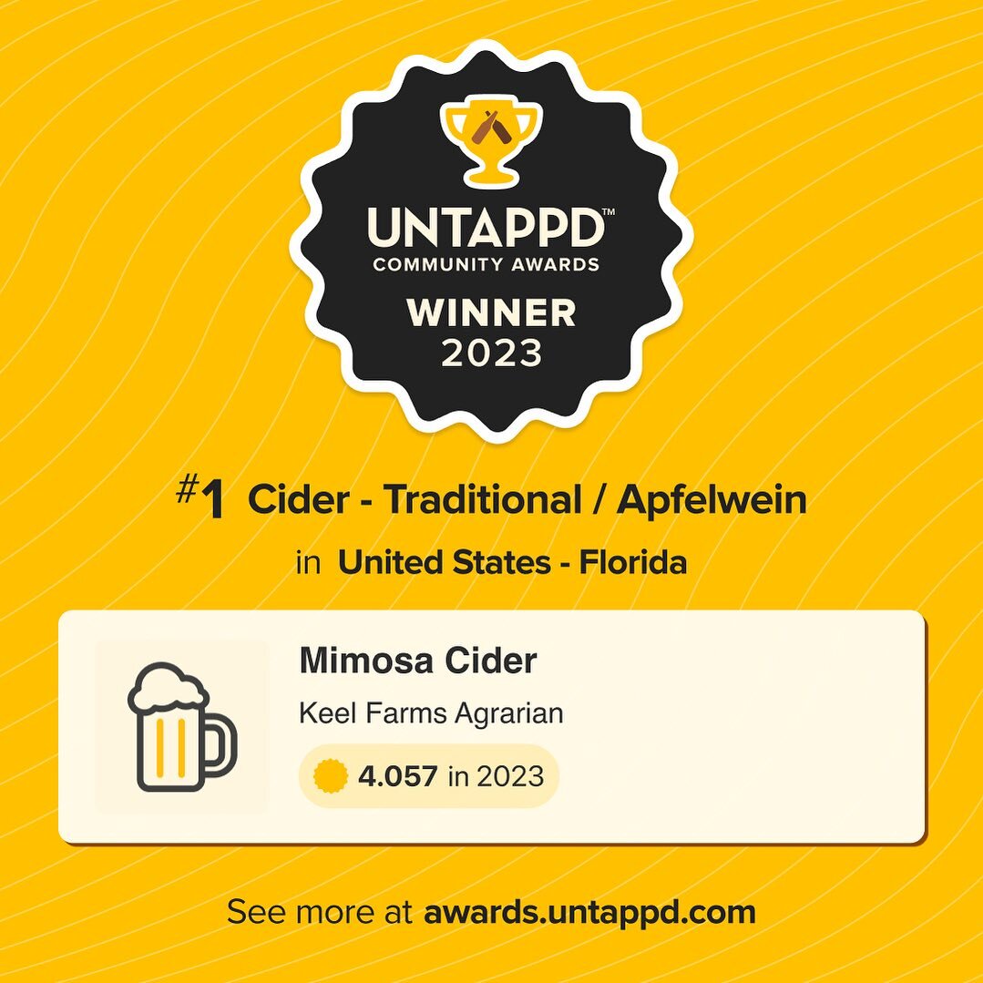 🌟Sipping on Success! Our Mimosa Cider was voted #1 customer-rated hard cider in Florida on Untapped! 🏆 Big cheers to Omar and the team for crafting this delightful blend of flavors. 🍎🥂