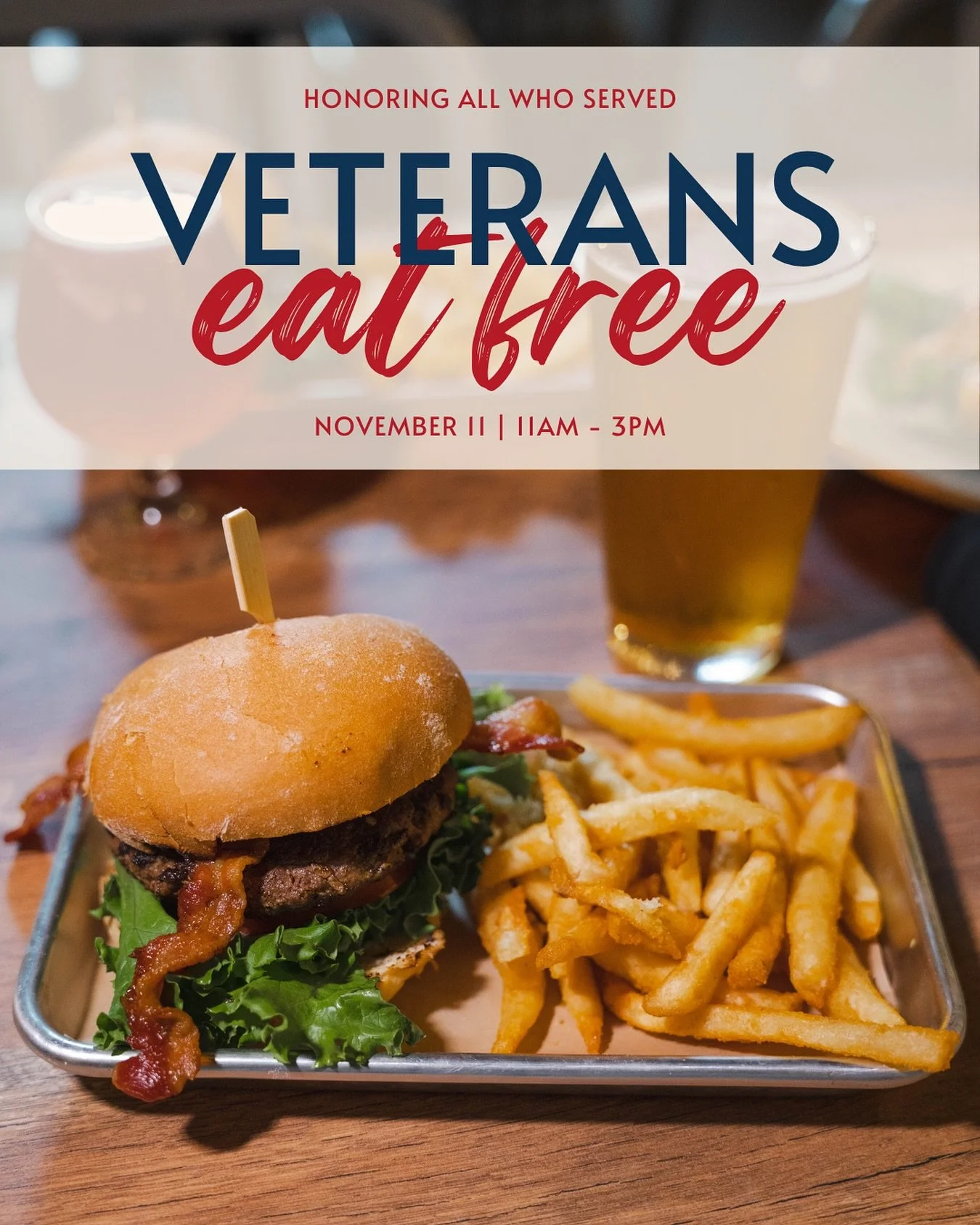 🇺🇸 This Veterans Day, we&rsquo;re honoring those who serve and have served. All Veterans and Actuve Duty military eat FREE tomorrow, November 11 from 11am - 3pm.

Enjoy your choice of one handheld, flatbread, or salad + a drink as a small thank you