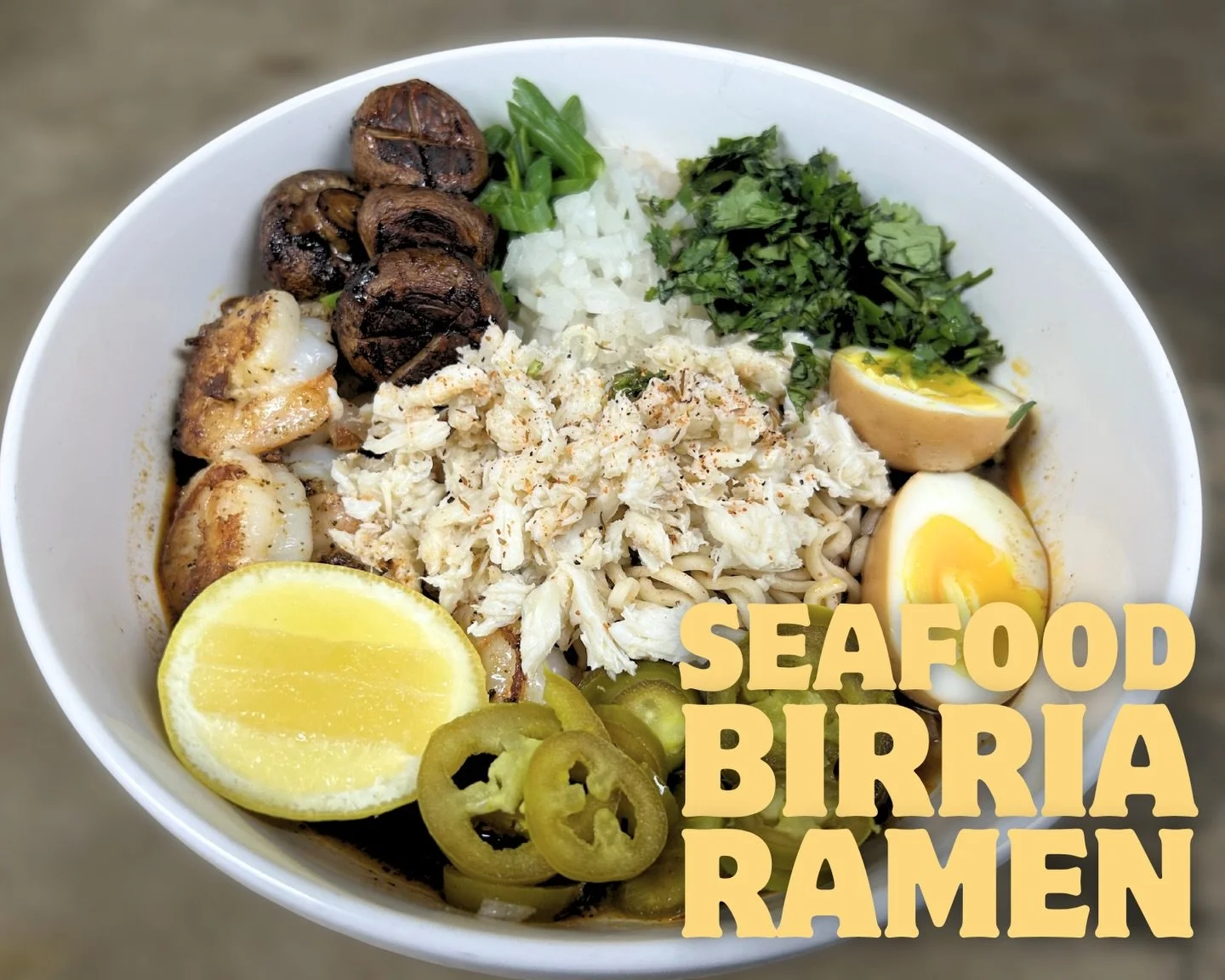 Today&rsquo;s special: Seafood Birria Ramen!🍜 Loaded with tender shrimp and crab, slow-simmered in rich birria broth and topped with fresh green onions, diced onions, cilantro, roasted mushrooms, a soy-marinated egg, and a kick of pickled jalape&nti