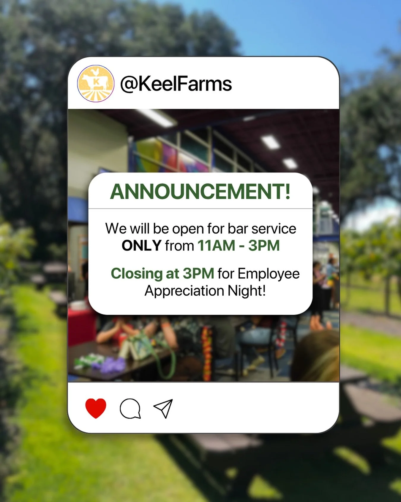 Today we&rsquo;re celebrating the incredible people who make Keel Farms possible at our annual staff awards ceremony.

To give our team a well-deserved day of celebration and rest, we will have bar &amp; retail service ONLY from 11AM&ndash;3PM today.