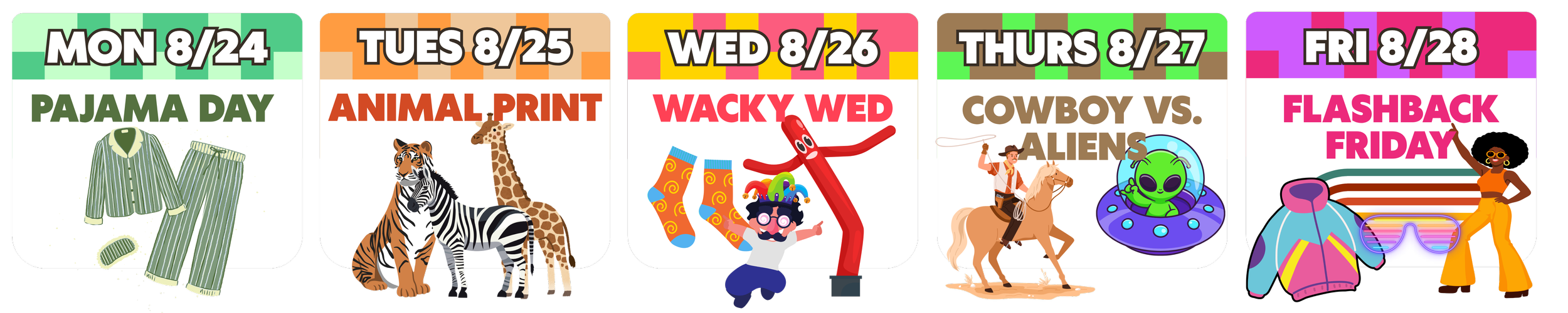 KeelFarms Spirit week | Monday: Pajama Day | Tuesday: Animal Print | Wednesday: Wacky Wed | Thursday: Cowboys vs. Aliens | Friday: Flashback Friday