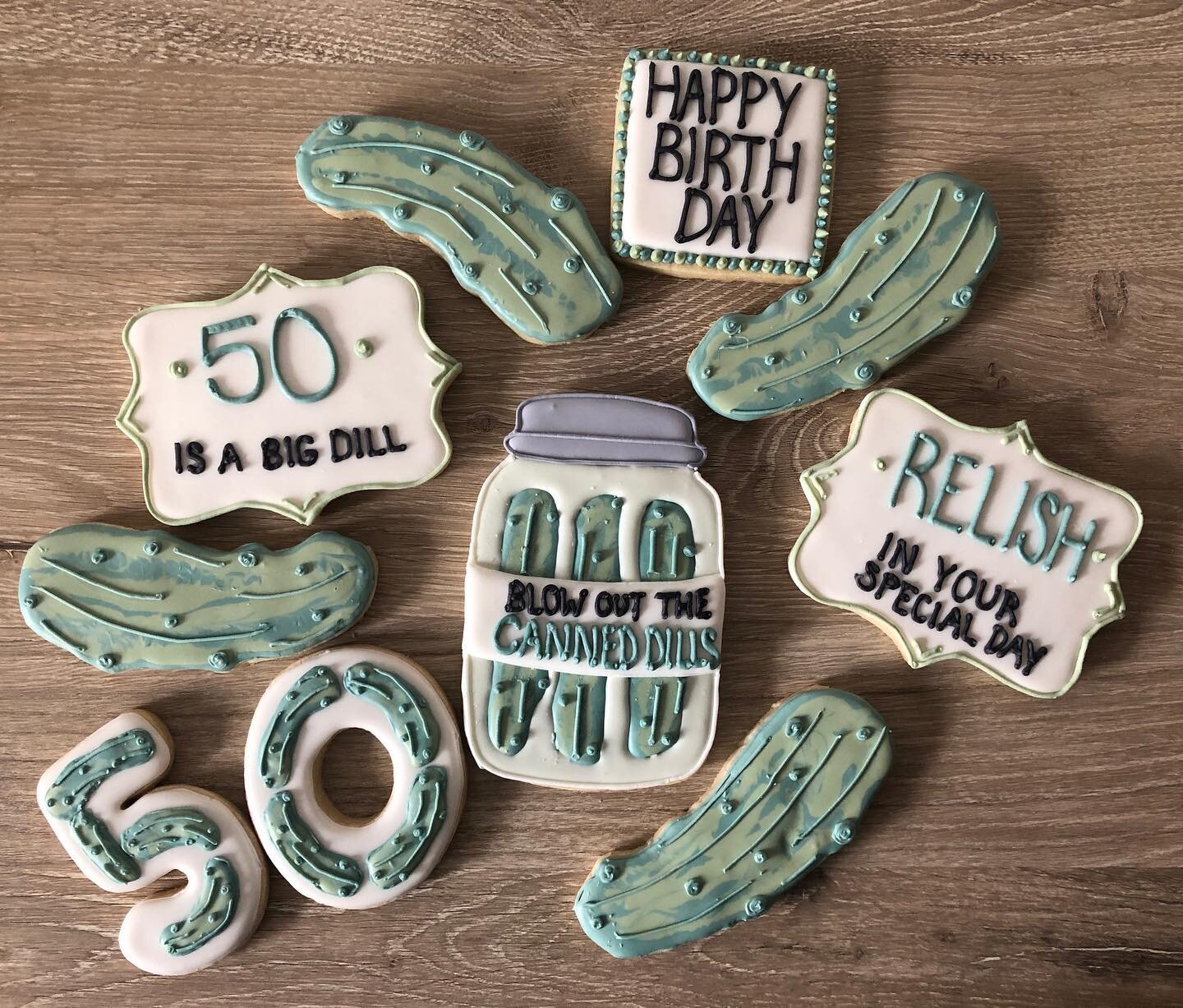 Pickle cookies?! No big dill. I relish a challenge. 😎 
.
.
#cookiesofinstagram #pickles #picklejokesfordays #birthdaycookies