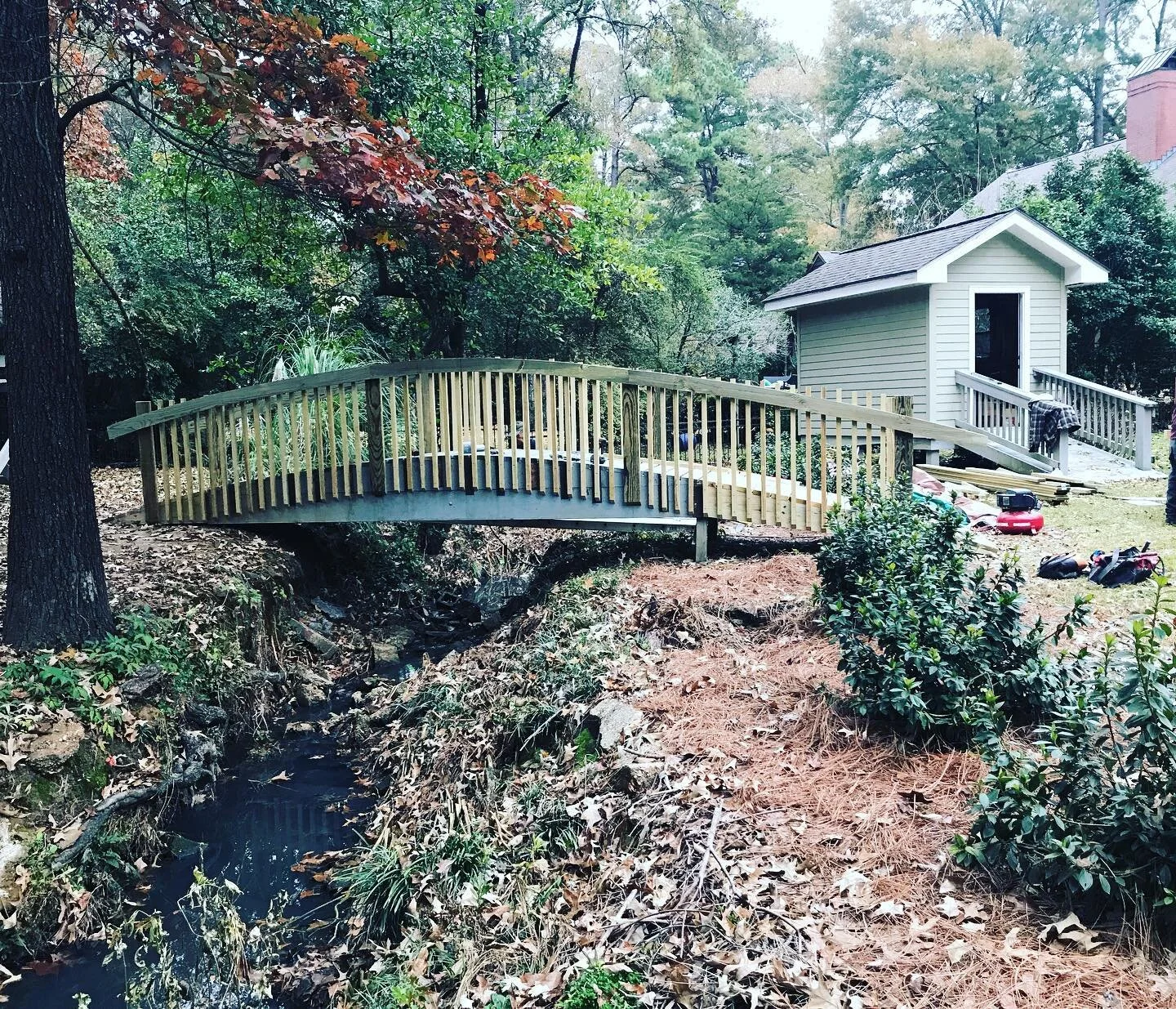Rehabbing a 30 year old foot bridge by the garden shed we built several years back.