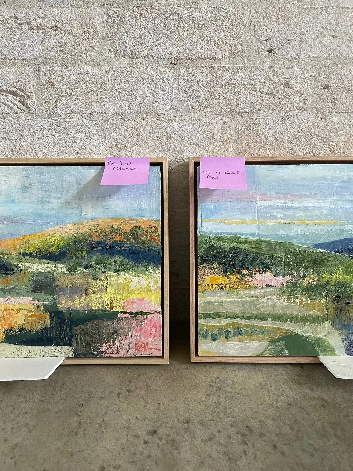 Titles, framing, paint-splattered pink shoes that match the paintings and a small, deaf watchdog&hellip;
where it&rsquo;s at in the studio today