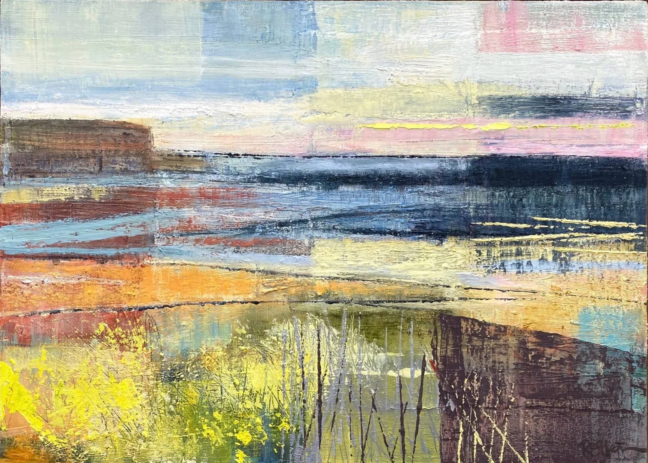 Coastline Memories, oil and collage on board, 37 x 50cm (framed), $680