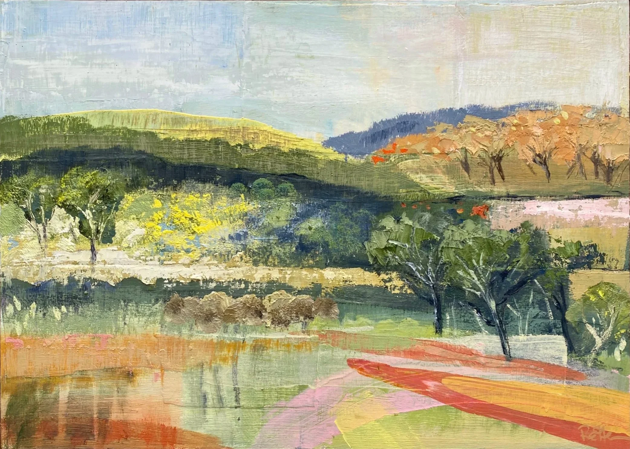 Late Afternoon Glow, oil and collage on board, 37 x 50cm (framed), SOLD