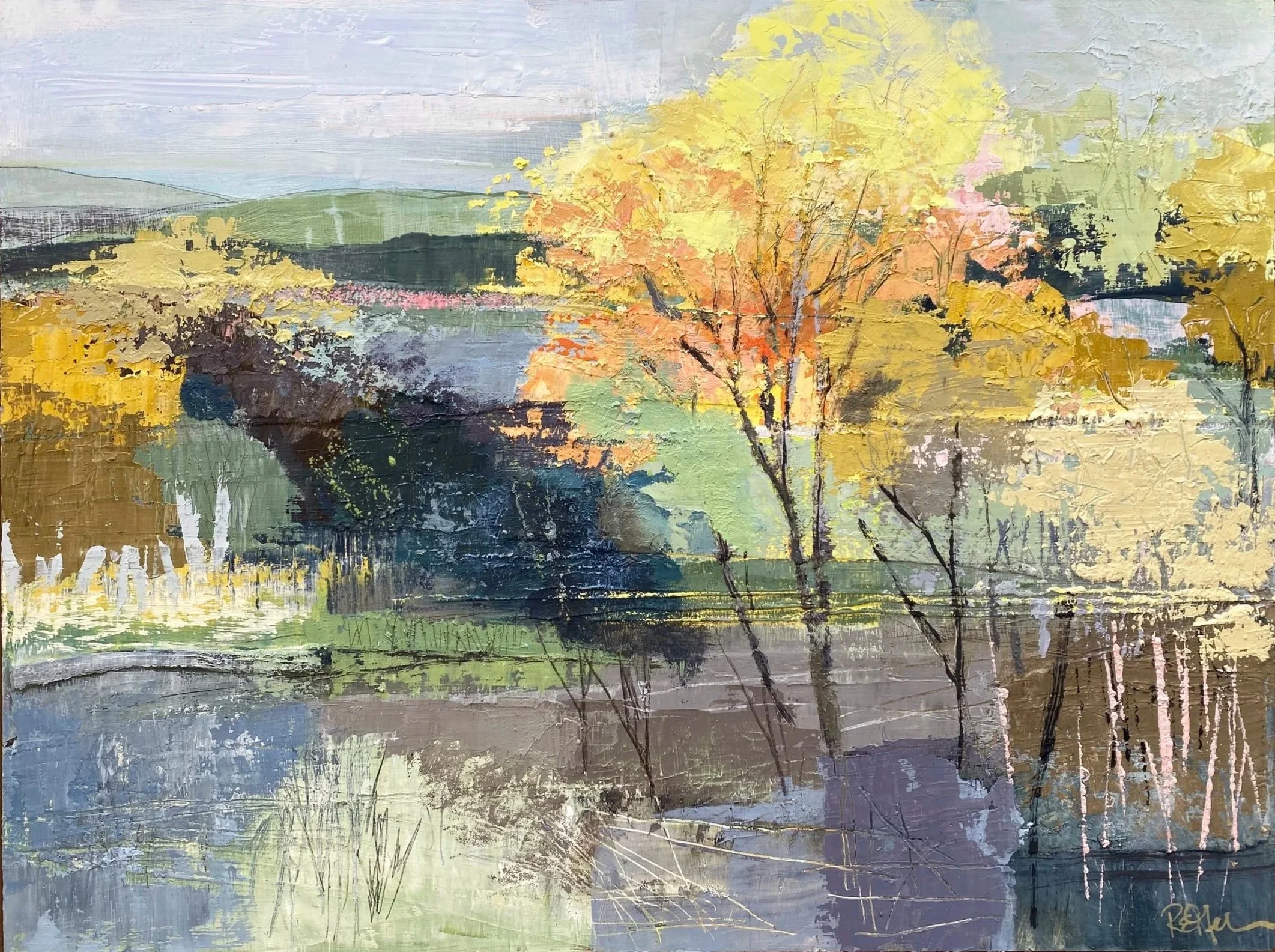 July Shadows and Light, oil, collage and graphite on board, 48.5x63.5cm, framed, SOLD