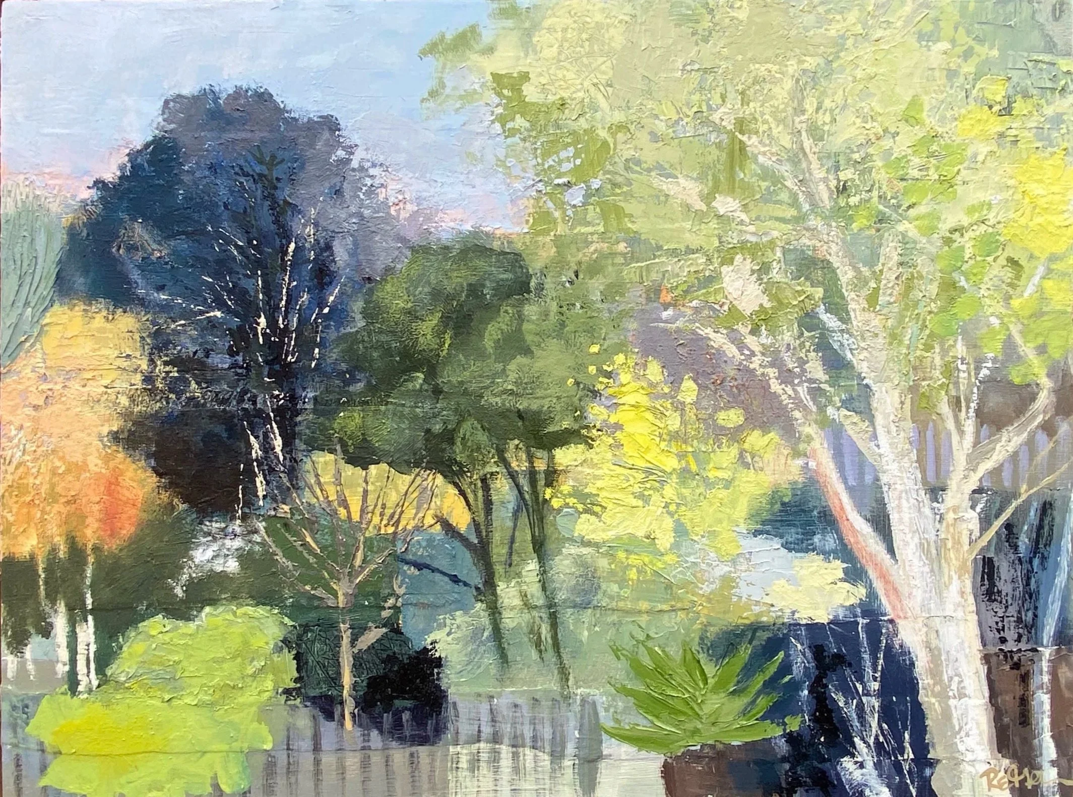 Back Garden - Winter, oil and collage on board, 48.5x63.5cm, framed,, $920