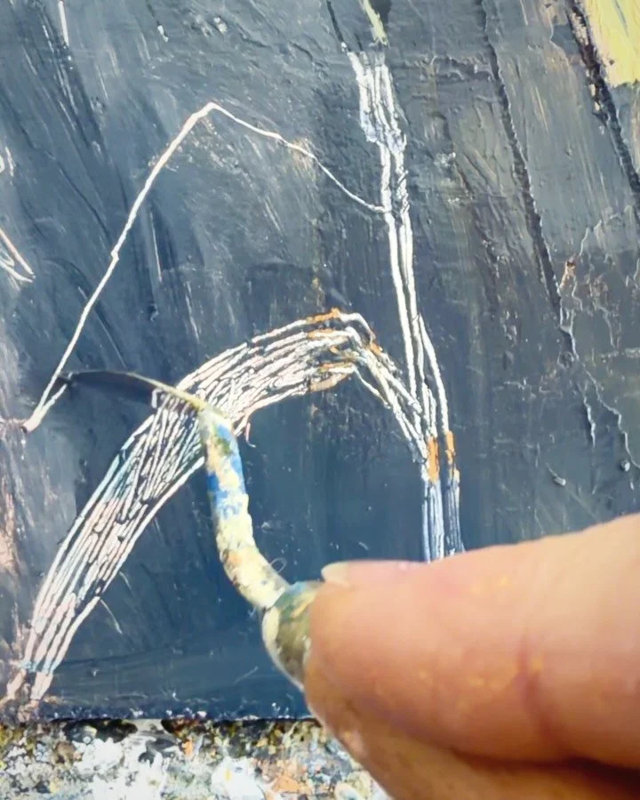 I just scraped off a few big chunks of paint I put on over the last couple of days. Ugh - I don&rsquo;t like wasting paint &hellip; but sometimes it&rsquo;s a necessary evil! Thick paint off, thin paint on and some nice scratchy bits drawn with a pal