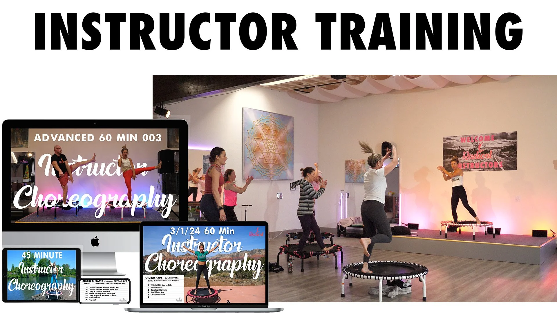 A group of women being trained to teach rebounding fitness