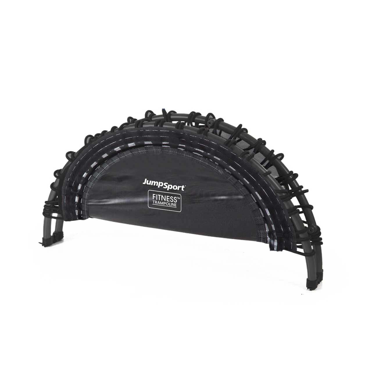 Black mini trampoline with a safety net labeled Jumpsport Fitness Trampoline