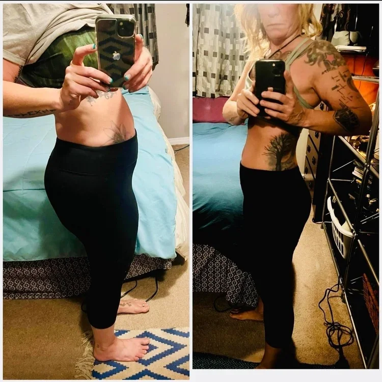 Side-by-side mirror selfies of a woman showing her weight loss progress; she is wearing a gray crop top and black leggings in both images, with tattoos on her arms and side, in a bedroom with a bed, curtains, and a shelving unit visible.