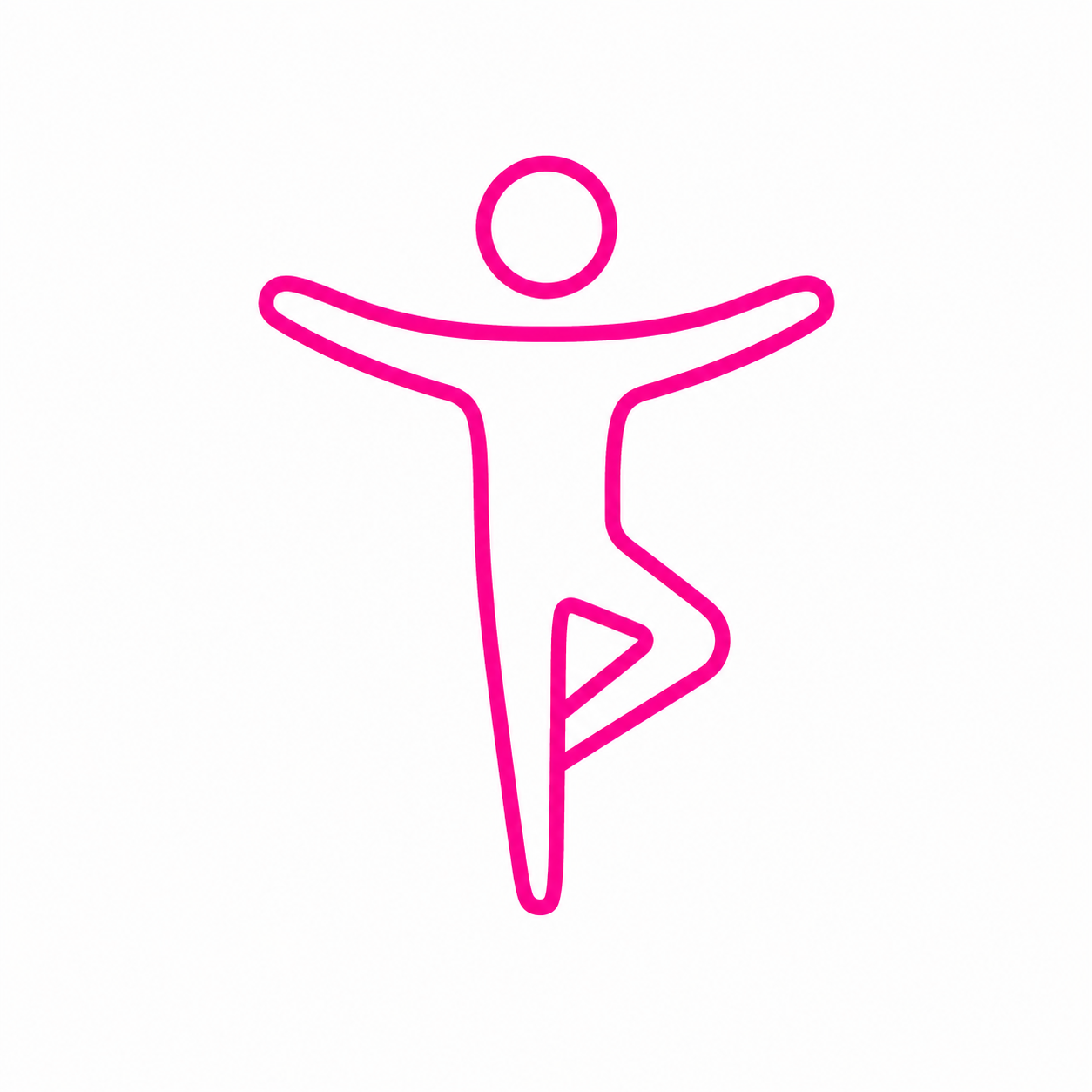 Pink neon outline of a person in a yoga pose with arms outstretched and one leg bent.