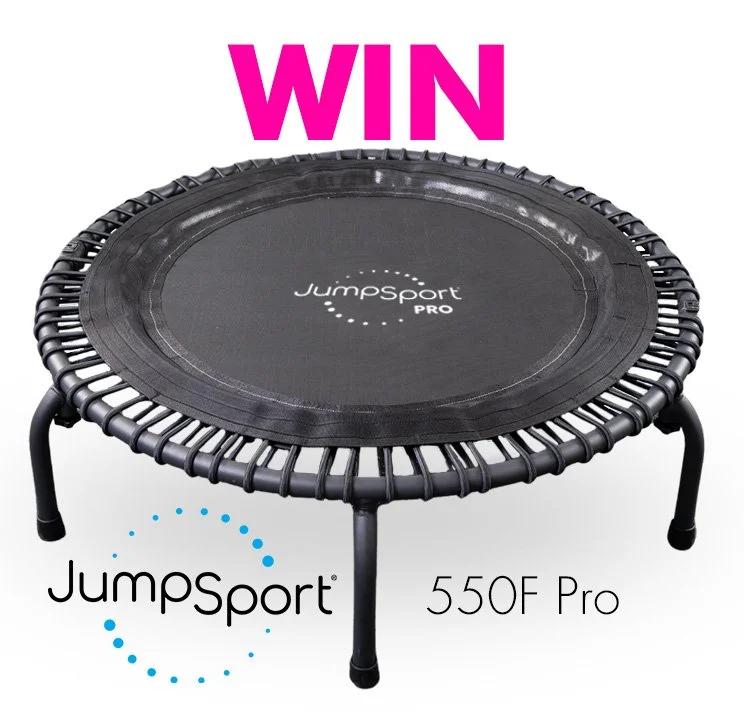 Mini trampoline with black mat and safety springs, labeled Jumpsport 550F Pro, with the word WIN in large pink letters above.