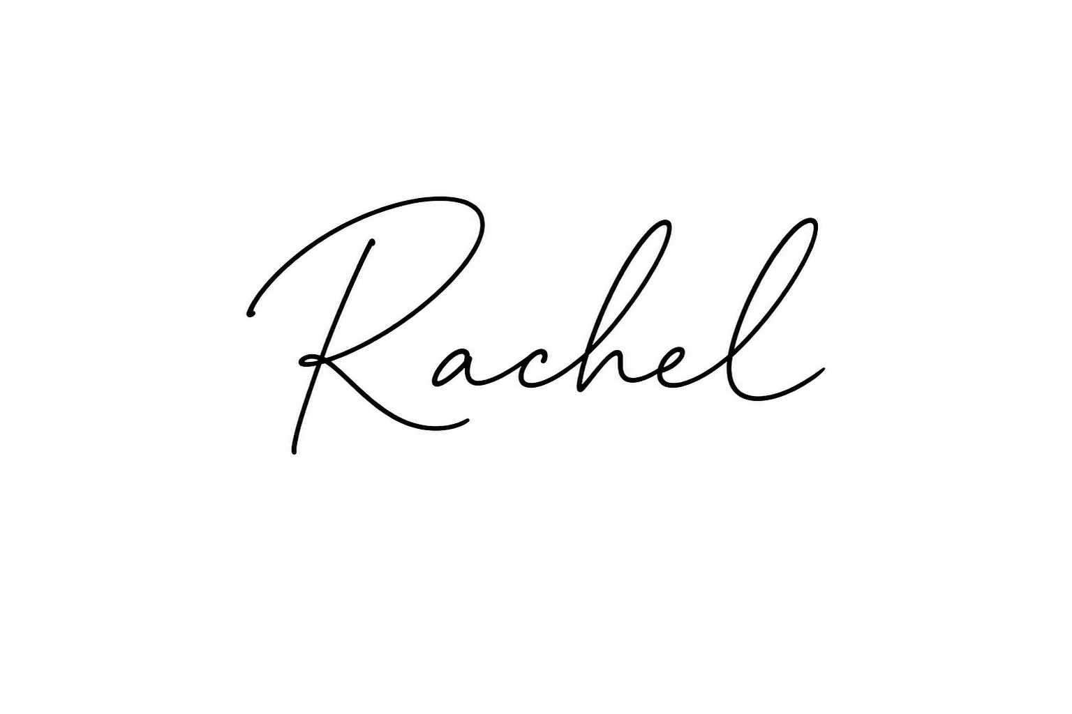 The name 'Rachel' written in black cursive on a white background.