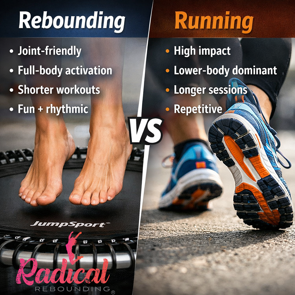 Bare feet rebounding on a mini trampoline compared to running shoes striking pavement, illustrating low-impact rebounding vs high-impact running exercise.