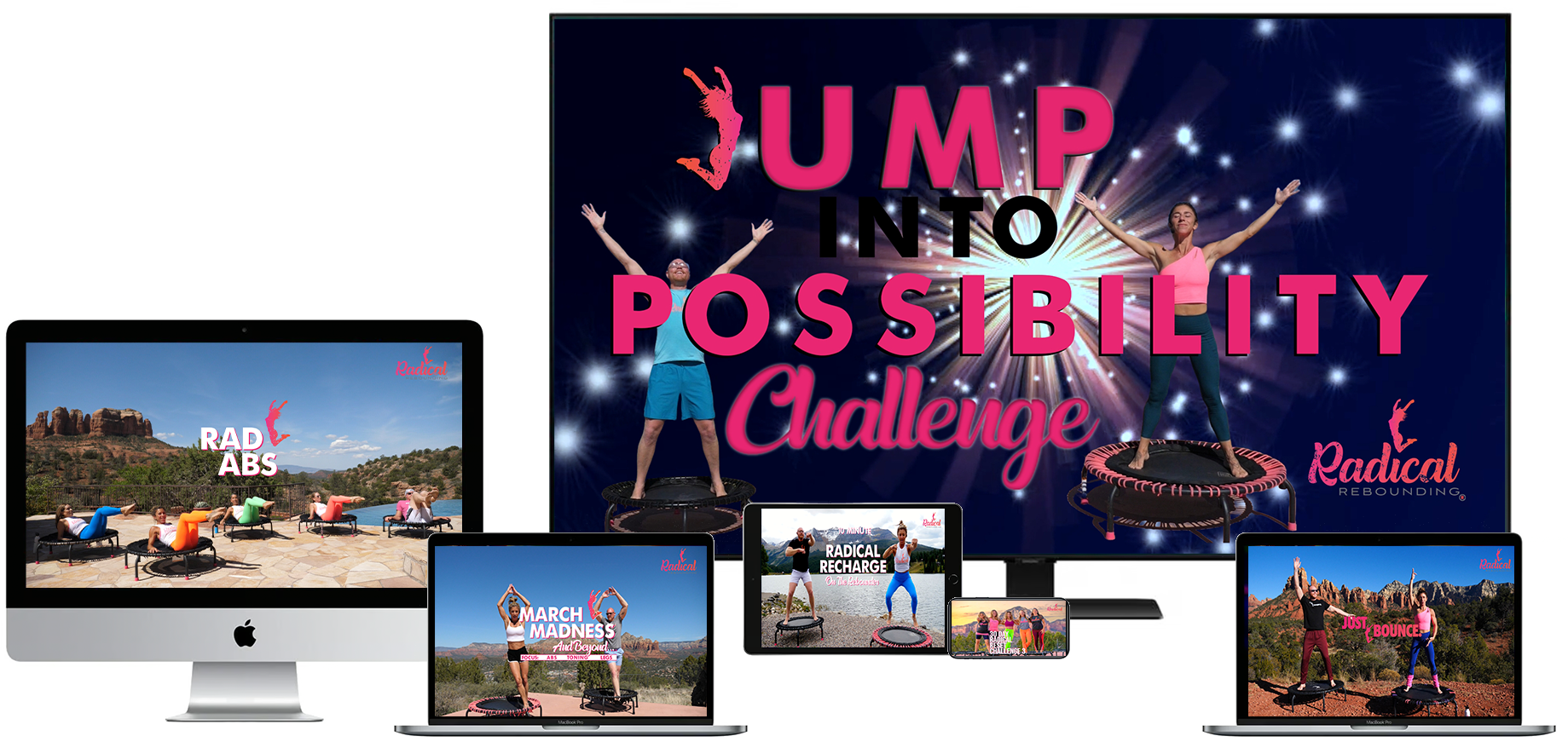 TV, ipad, computer, and phone workout screenshots for mini trampoline home workout videos