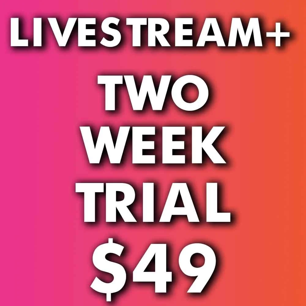 Promotional graphic with a pink and orange gradient background advertising a livestream and two-week trial for $49.