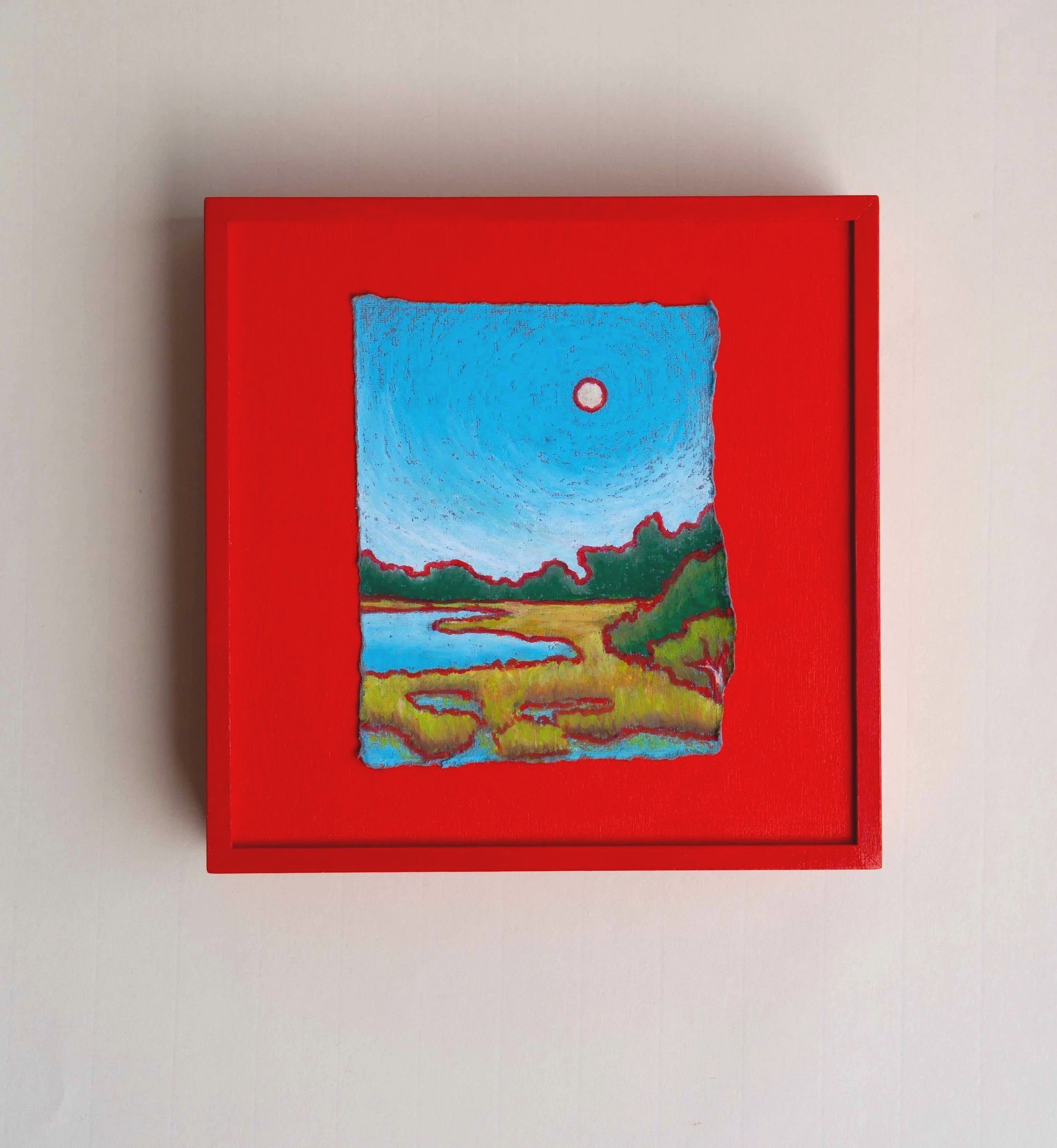 Heat Wave Moon, oil pastel on paper mounted to painted wood panel 
