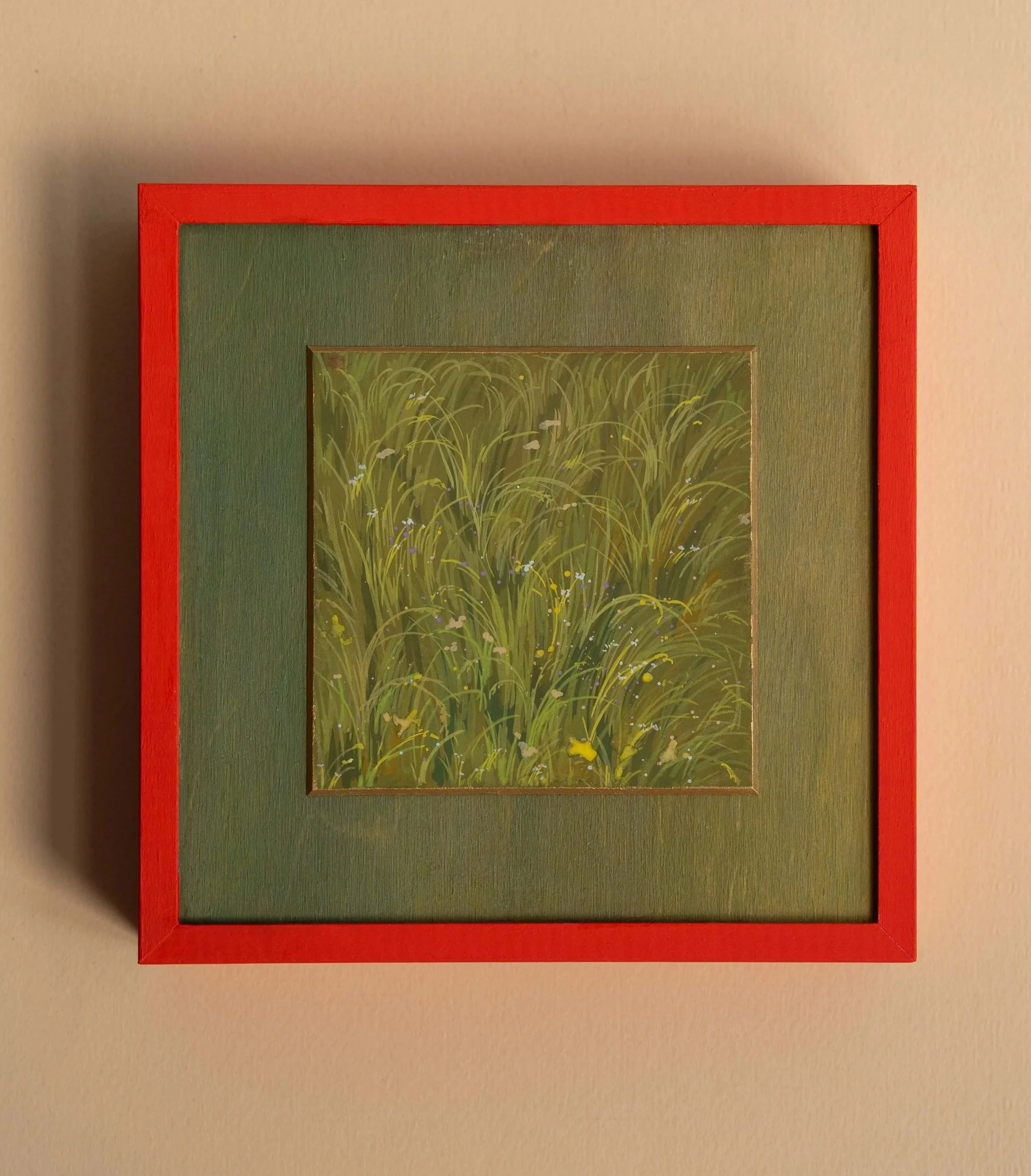Hot Grass, gouache on mat board mounted to painted wood panel