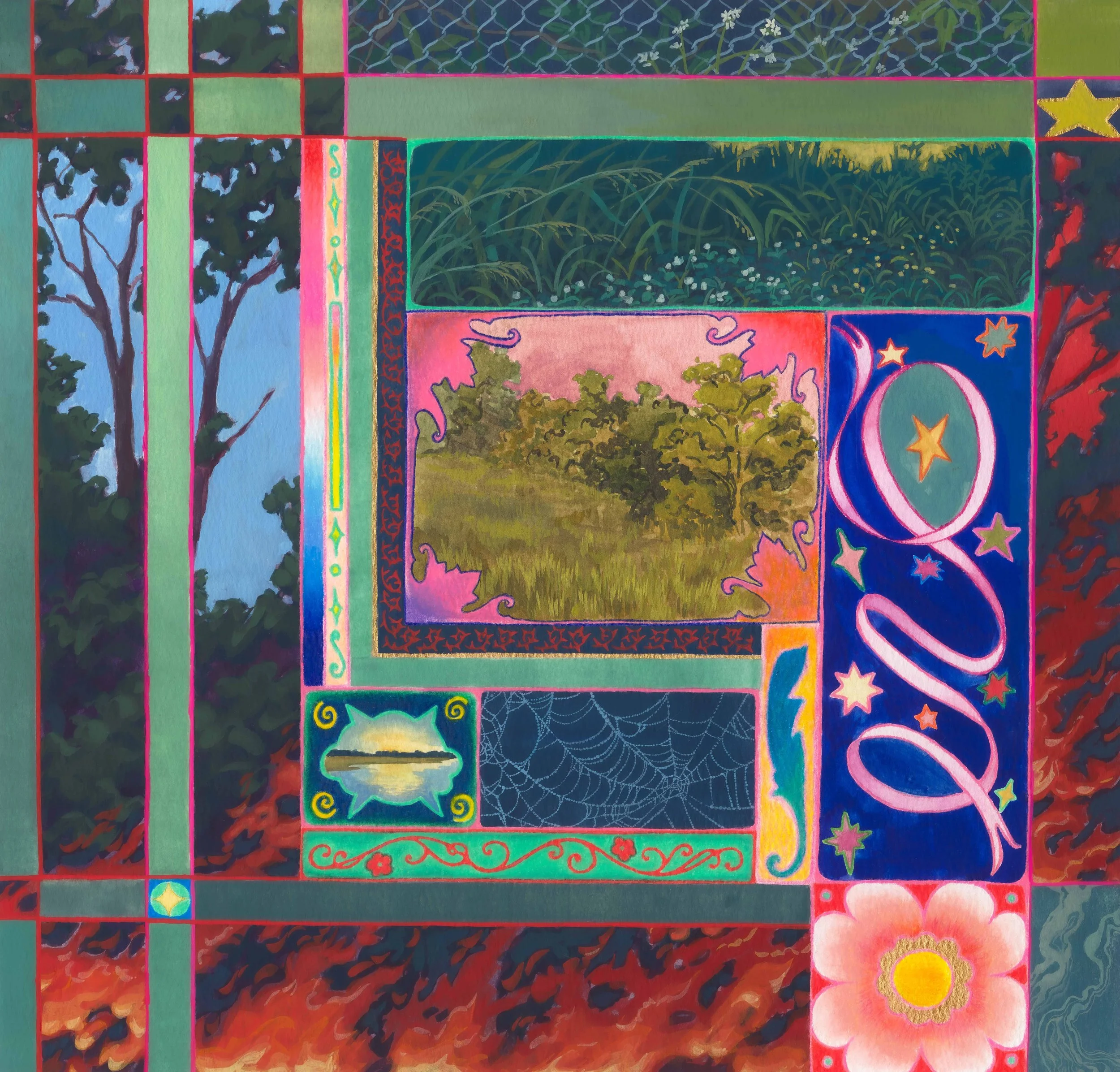 Tapestry, gouache, colored pencil and acrylic paint on paper, 11x11, 2025