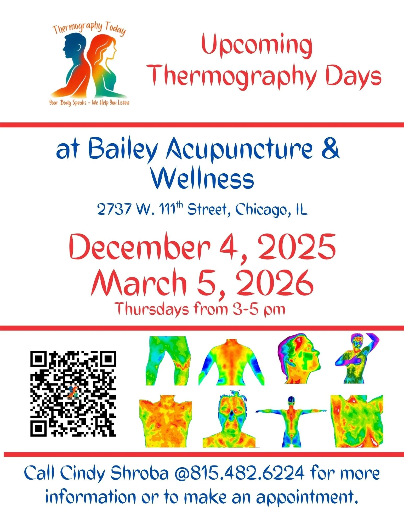 Poster advertising upcoming thermography days at Bailey Acupuncture & Wellness, including dates December 4, 2025, and March 5, 2026, with contact information and colorful thermography images of human bodies.