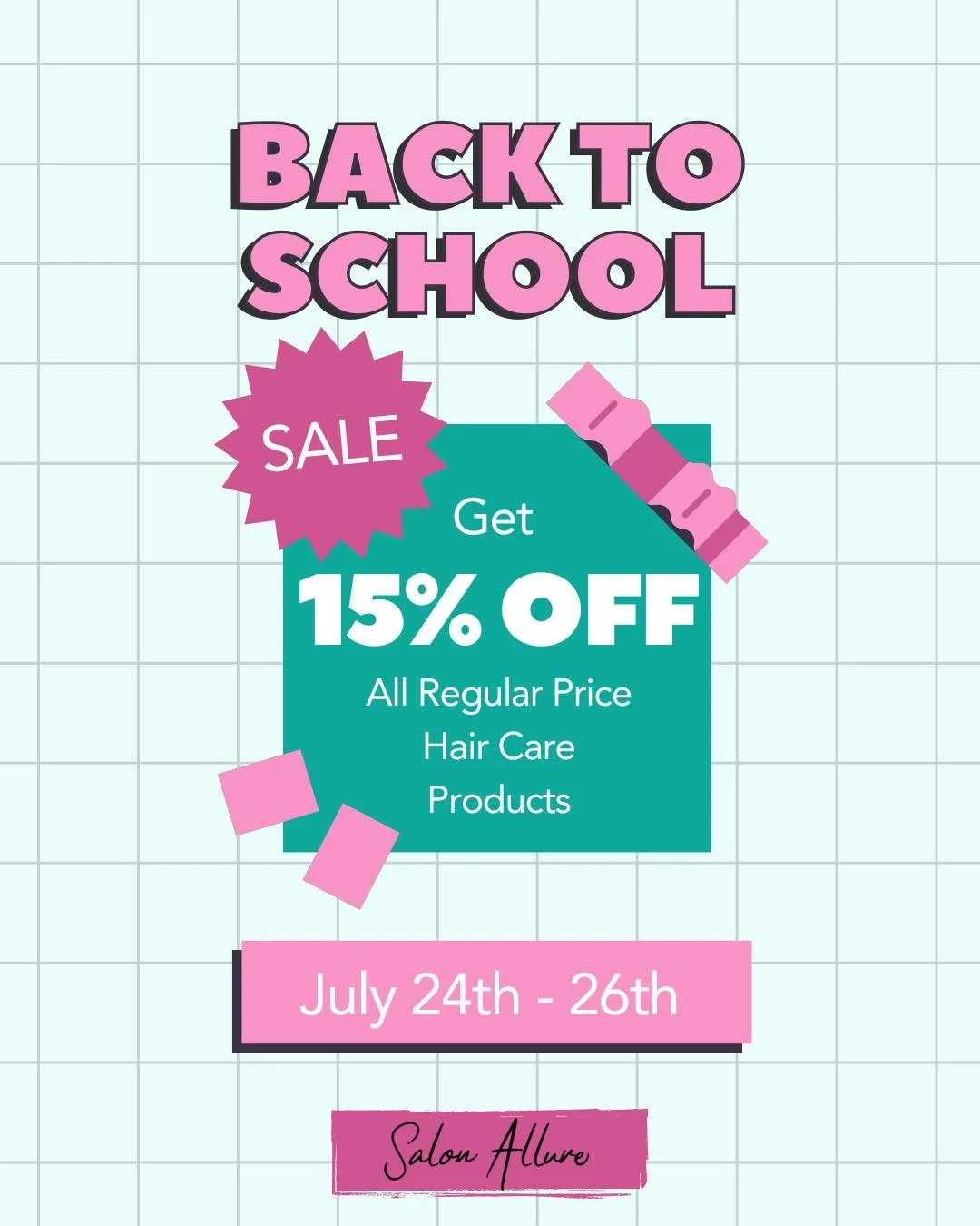 πβοΈ Back to School, Back to YOU π‍βοΈπ«
Stock up before the bell rings! This Thursday–Saturday (July 24–26), enjoy 15% off all regular price hair care products ποΈβ¨
Because great hair days should never skip class π‍βοΈπ
#BackTo