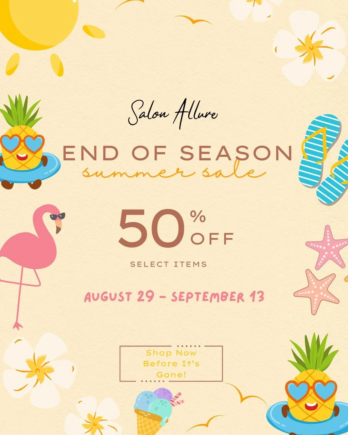 β¨ End of Summer FLASH SALE β¨
βοΈ 50% OFF select items!
ποΈ Come shop our sales table before it’s gone!
π
8/29 – 9/13
Don’t wait—these deals won’t last! π
#SalonAllure #FlashSale #EndOfSummerSale #HuntsvilleHair #RocketC
