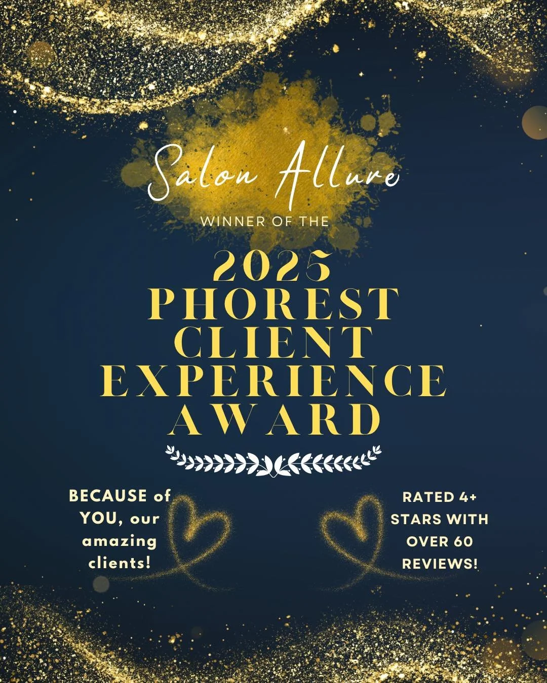 ✨🏆 Big news! ✨
We’re beyond excited to share that Salon Allure, Inc. has received the 2025 Phorest Client Experience Award! 💇‍♀️💇‍♂️
This award is given to salons with an outstanding client rating of 4 stars or higher ⭐⭐⭐⭐ across 60+
